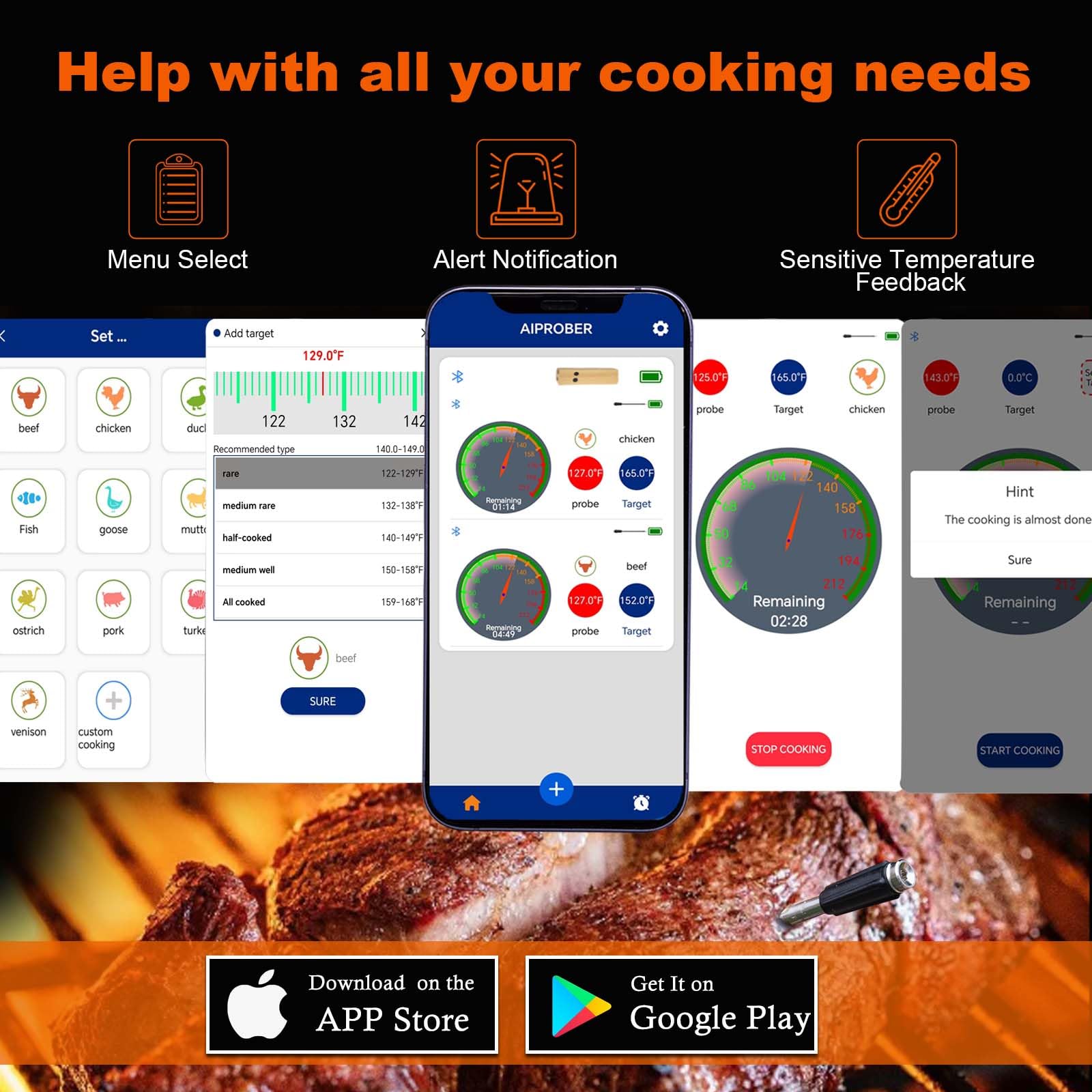 Drahtloses Fleischthermometer zum Grillen und Räuchern, 230 m Bluetooth-Thermometer mit Dual-Sensor-Sonde, Lebensmittelthermometer für BBQ, Ofen, Smoker