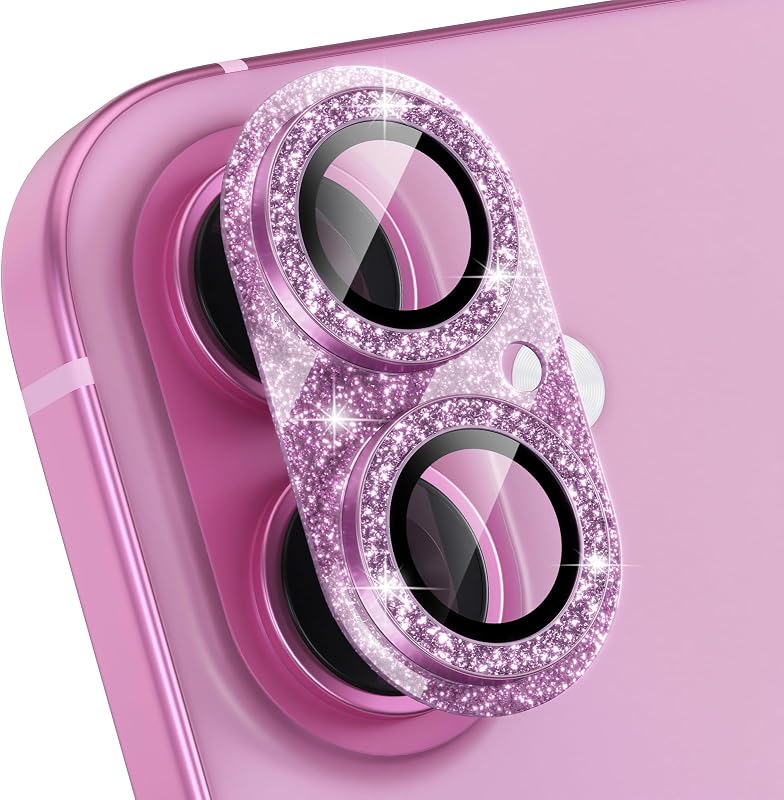 for iPhone 16 /iPhone 16 Plus Camera Lens Protector, Glitter-Pink | Bling Metal Camera Cover with 9H Tempered Glass Lens Screen Protector Accessories, Strong Adsorption, Case-Friendly
