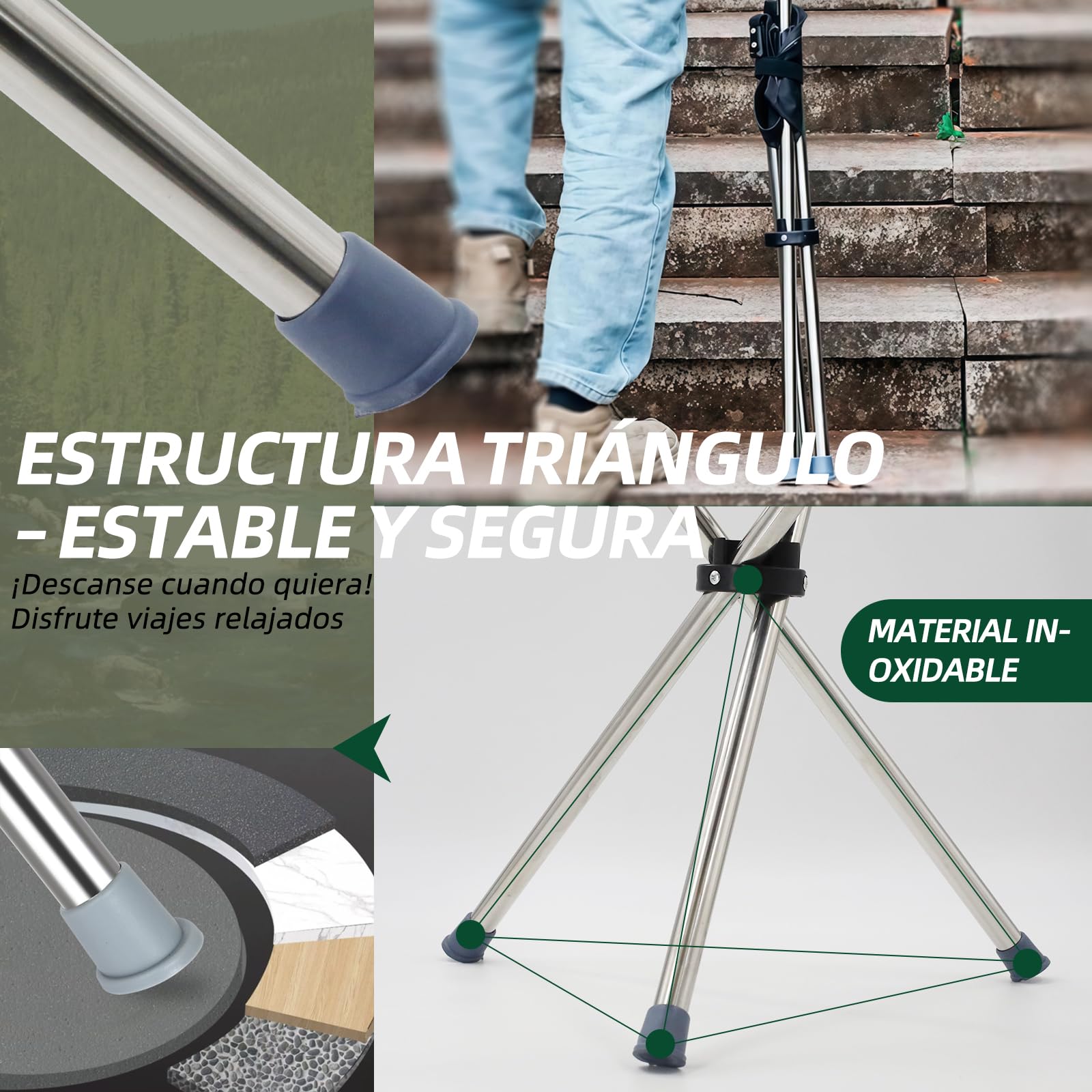 Bastón con soporte, 80 – 90 cm, plegable y altura regulable, base de silicona antideslizante, soporta hasta 150 kg, para personas mayores de 140 – 190 cm (negro)