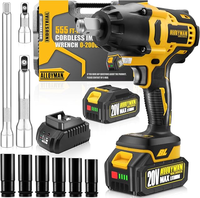 Alloyman 1/2 inch Impact Wrench Cordless, Max Torque 555 Ft-lbs Battery Impact Wrench 20V Brushless Motor 2000 RPM, with 6 Sockets, 3 Extension Bars, 4.0 AH Li-ion Battery and 1 Hour Fast Charge