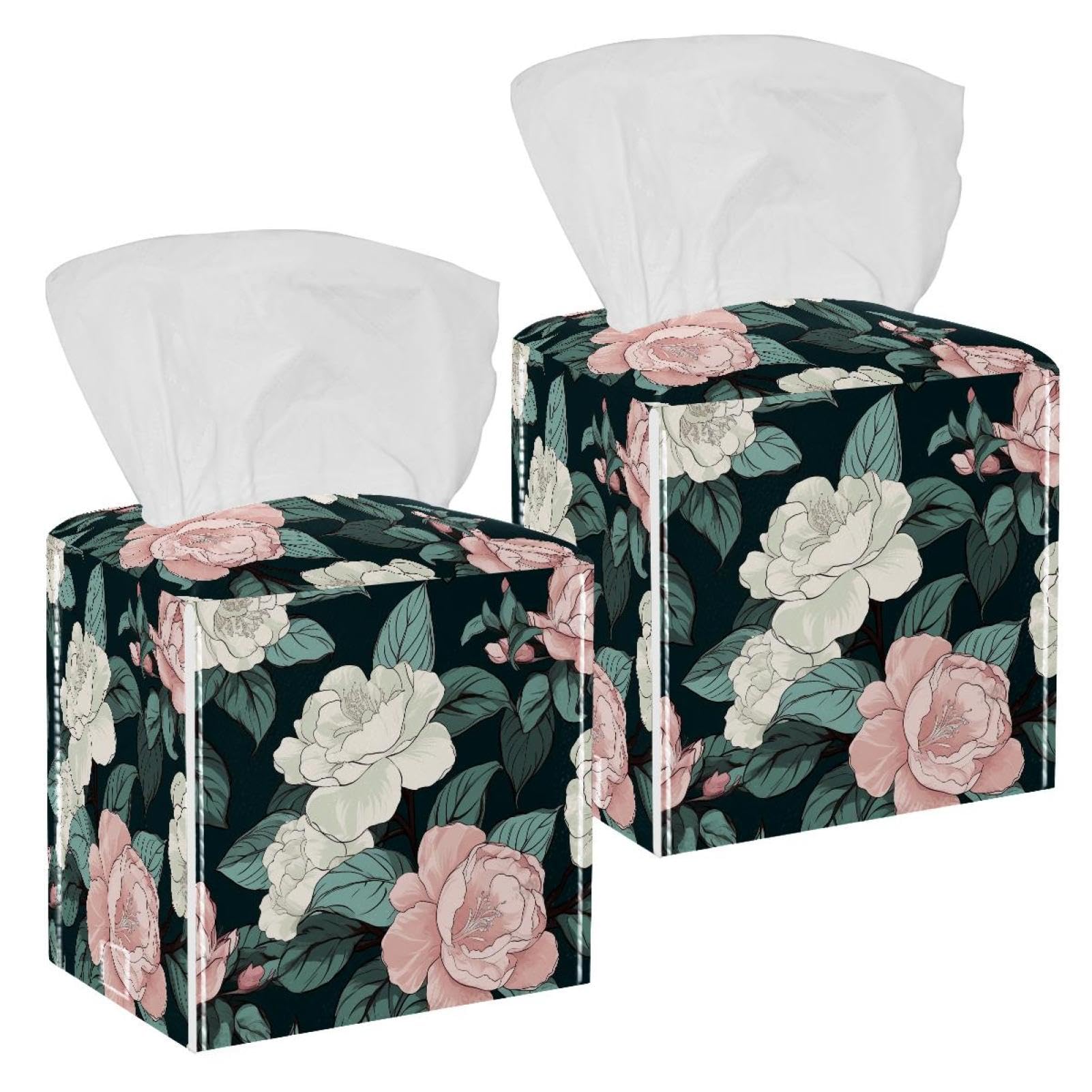 Camellia White Tissue Box Cover, 2 Pack PU Leather Square Facial Tissue Dispenser Box holder for Home Office Car