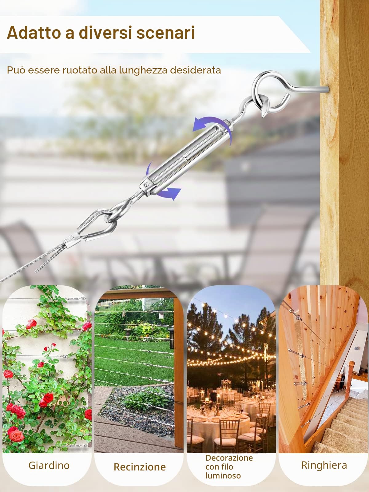TooTaci Kit di fune metalliche in acciaio inox da 5 mm, Cavo Acciaio Rivestito 5MM/30M Inossidabile Cavo Acciaio con M6 Tenditore, Fune per Sollevamento, Filo Stendibiancheria, Tende da Esterno