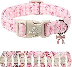 Babole Pet Coleira de cachorro para cães pequenos – Linda coleira rosa xadrez e laço com estampa de laço, coleira macia ajustável para cães fêmeas com fivela de liberação rápida P