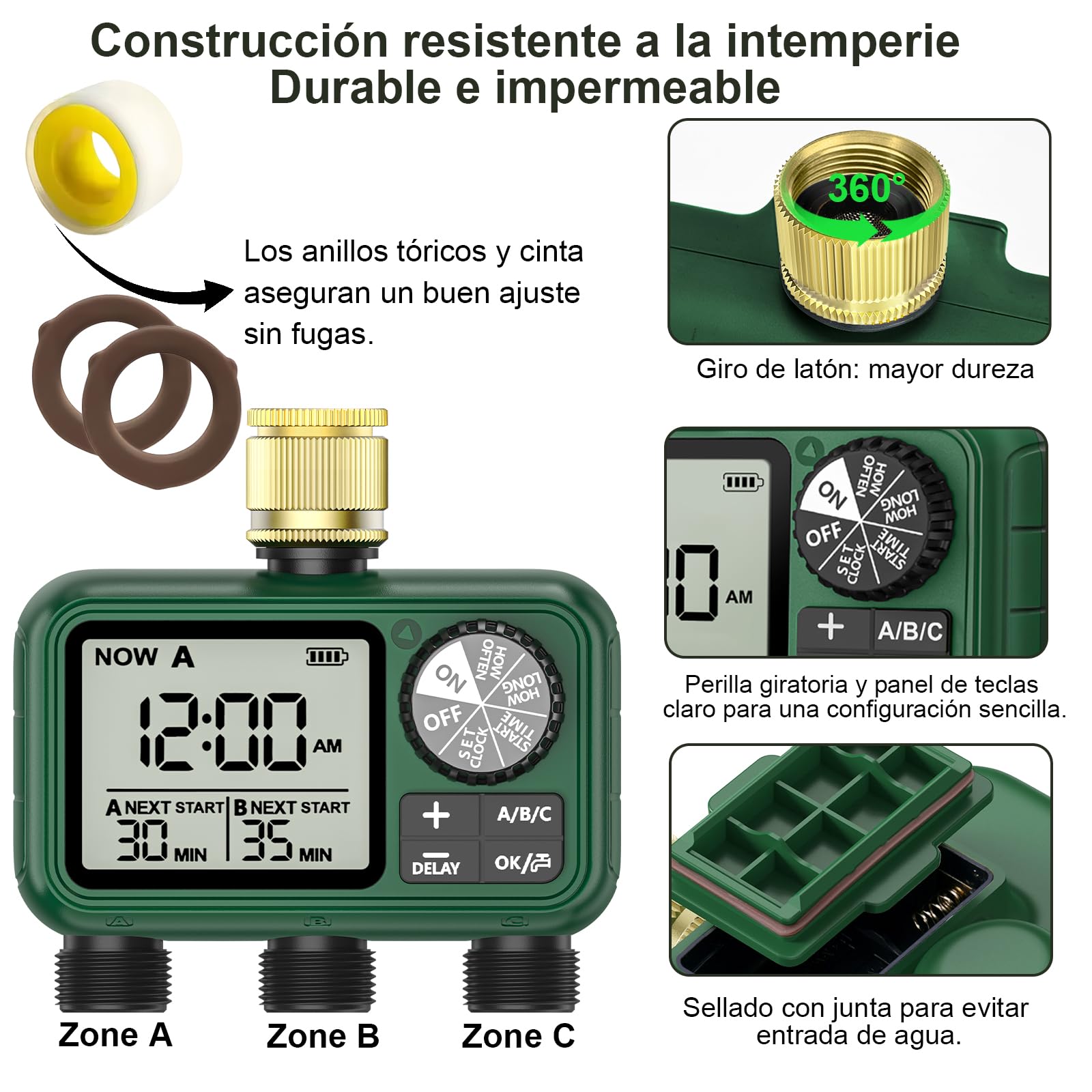 Programador Riego 3 Salidas con Entrada de Latón, Pantalla LCD Grande, Temporizador de Riego Automatico con Retraso por Lluvia, Riego Automático/Manual, Programador de Riego para Jardín Césped