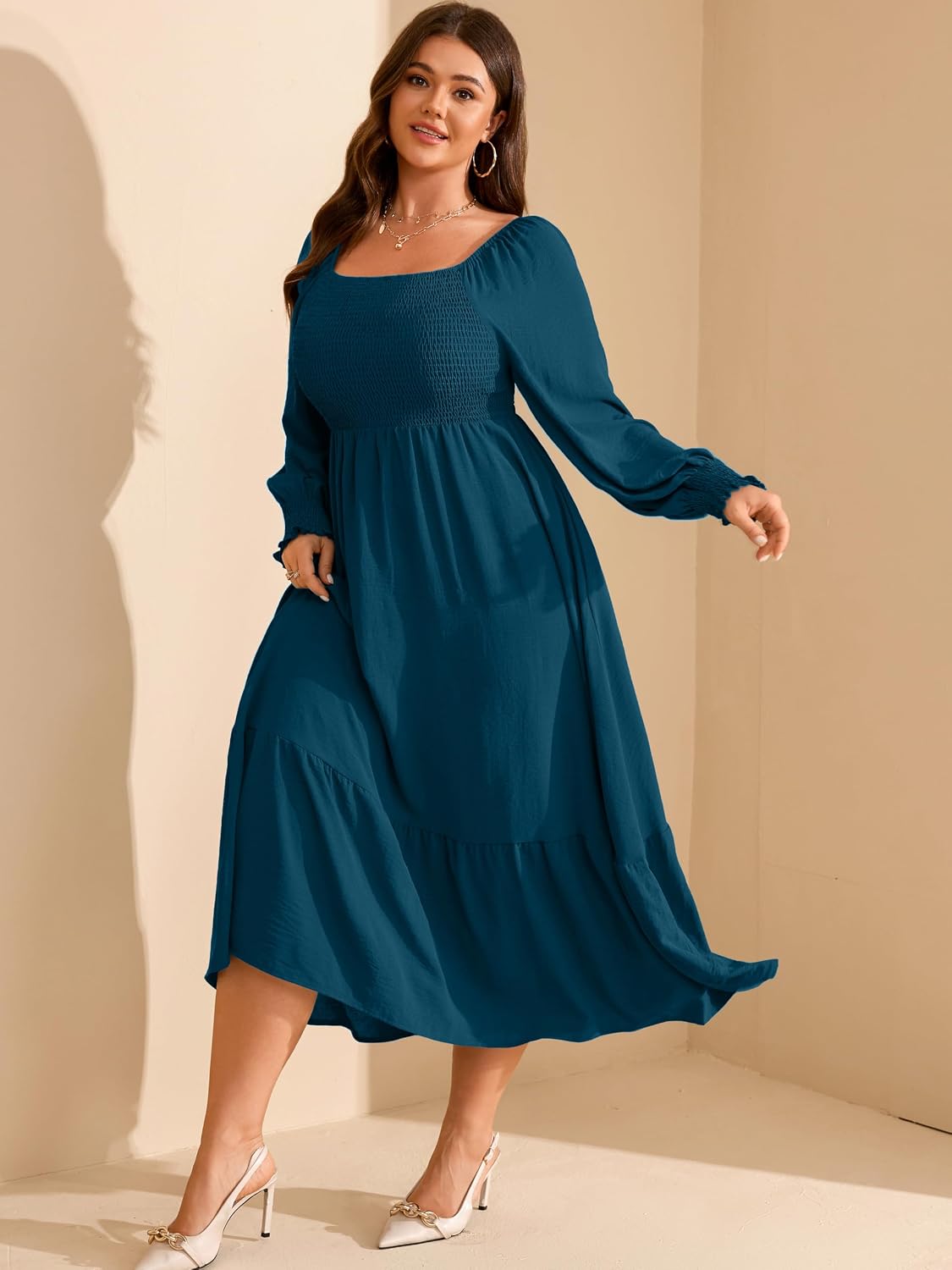 RWJ Women Plus Size Fall Dresses Long Sleeve Smocked Boho Floral Maxi Dress image 3