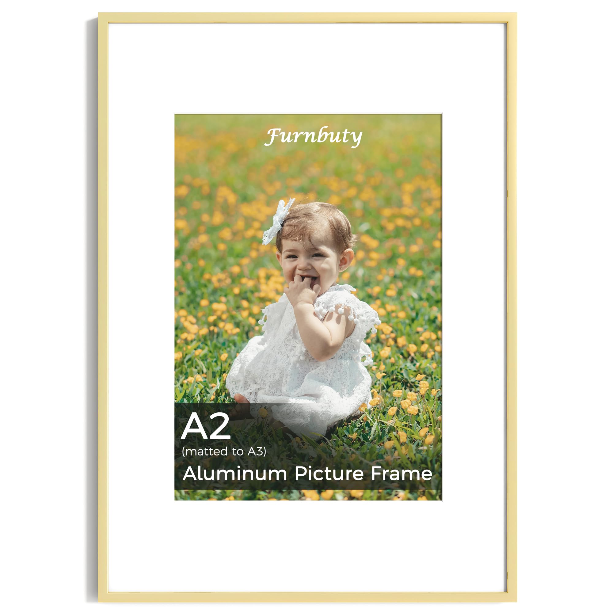 A2 Picture Frame Gold, Aluminum A2 Frame with HD Acrylic, A2 Poster Frame with Mount for A4 Photos, Wall Mountable Picture Frames for Photos Art Print Posters, Home Gallery & Wall Décor