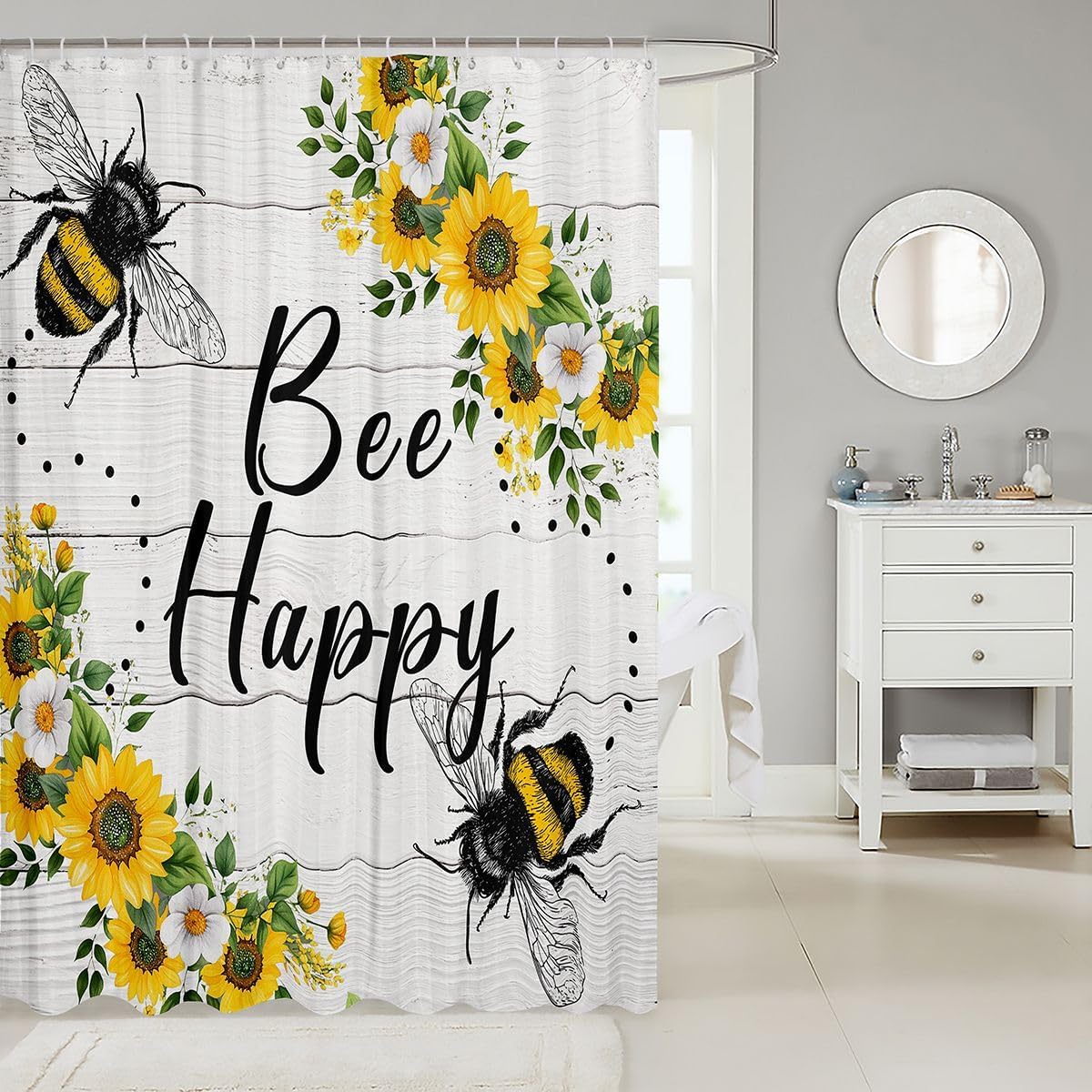 Bee Happy Shower Curtain Honeybee Sunflower Shower Curtain Set for Kids Toddler,Sunny Floral Flowers Bath Curtain Garden Plant Leaves Rural Pastoral Style Bee Themed Gifts Bee Decor 72"Wx78"L