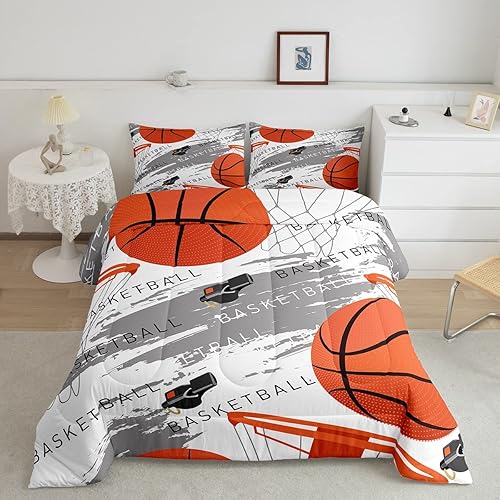 Juego de edredón de baloncesto, tamaño matrimonial, juego de ropa de cama con estampado de baloncesto naranja, 3 piezas para niños, adolescentes,