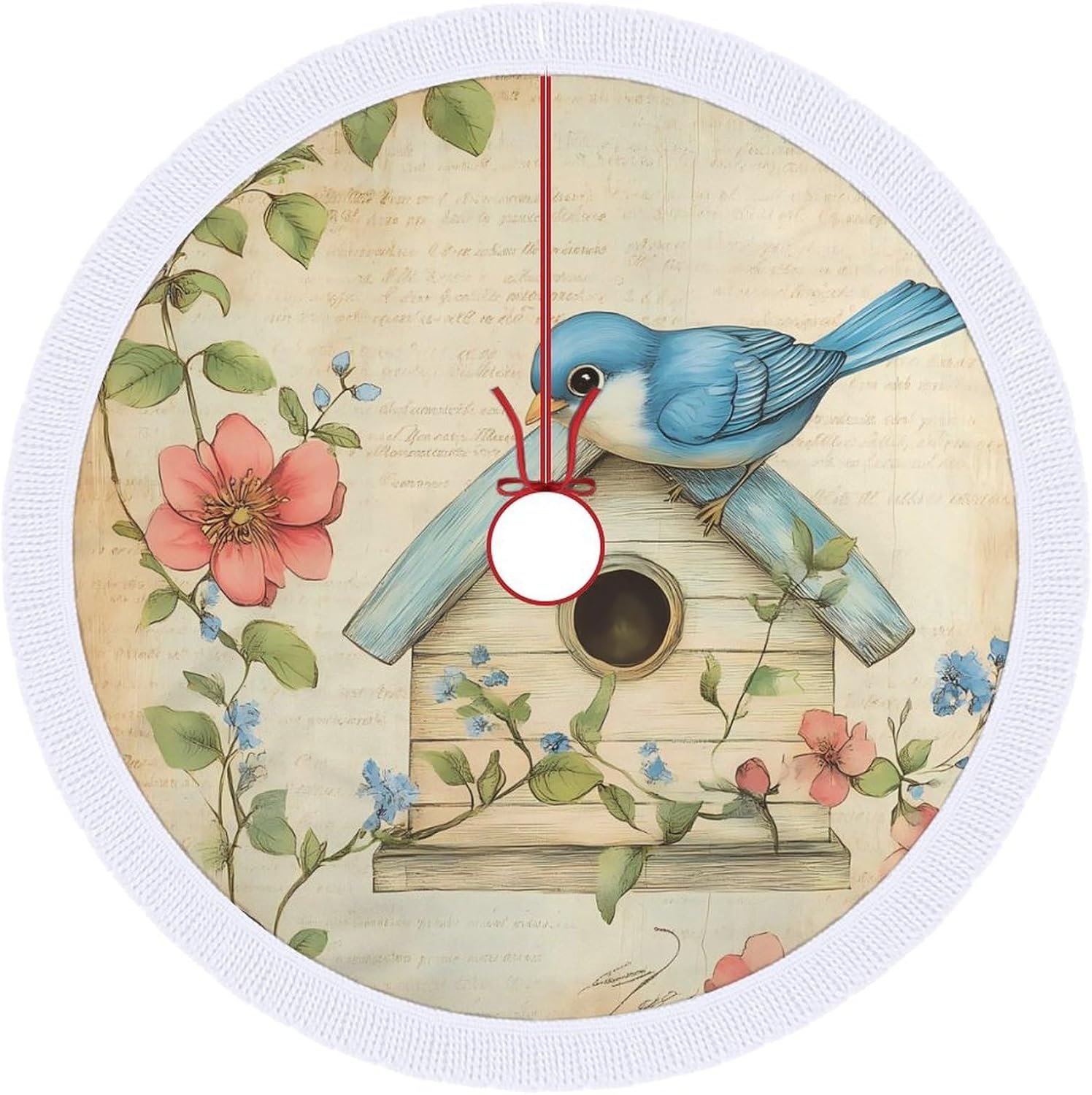 Blue Jay Bird Birdhouse Flower Christmas Tree Skirt Round Xmas Tree Mat Ornaments Tree Skirts with Tassels for Holiday Party