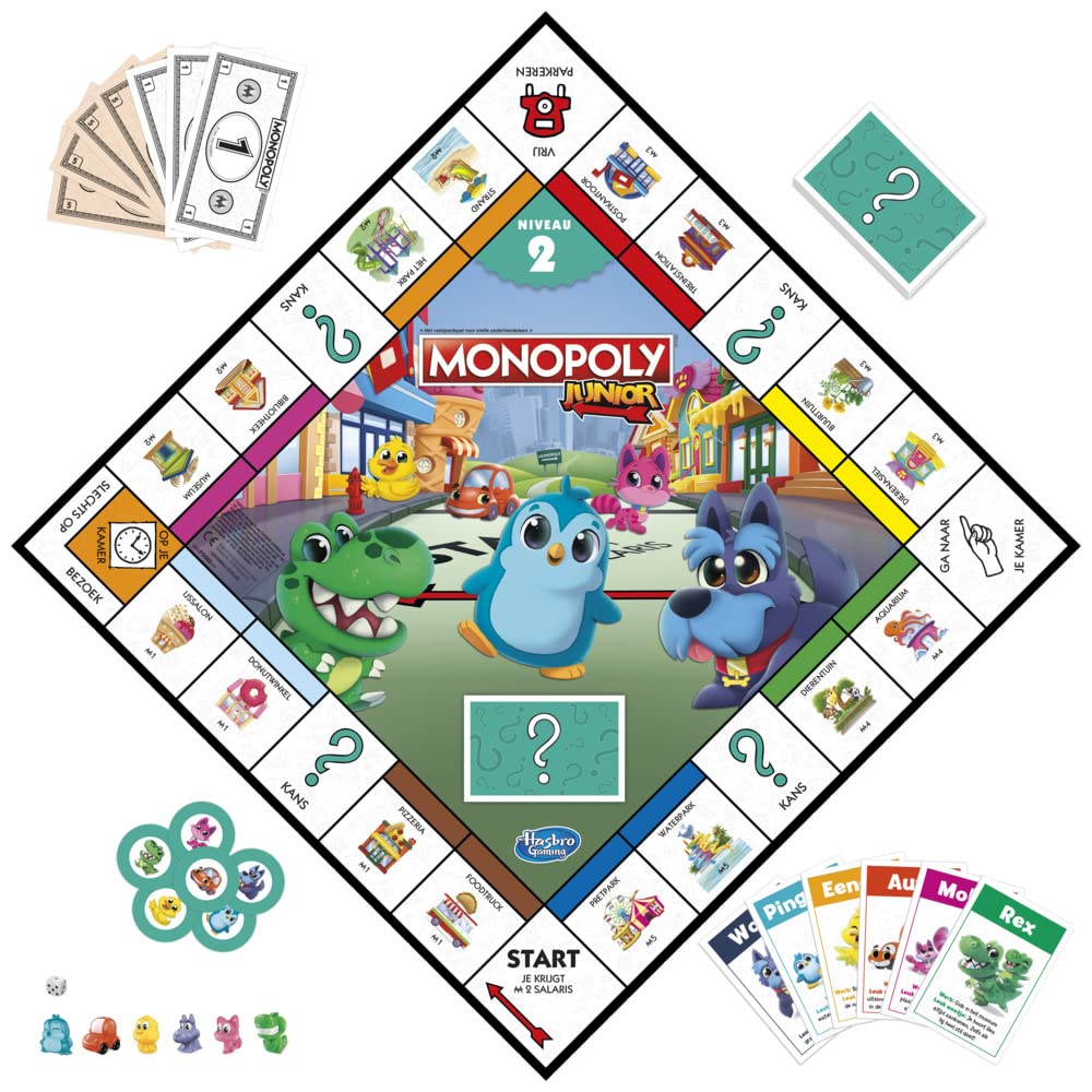 Monopoly Junior-bordspel, 2-zijdig bord, 2 spellen in 1, Monopoly spel voor jongere kinderen, kinderspelletjes, junior spellen (Poolse versie