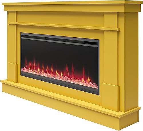 Miniatura 4 de Novogratz Waverly - Mantel ancho con chimenea eléctrica lineal y cama de brasas de cristal, color amarillo mostaza