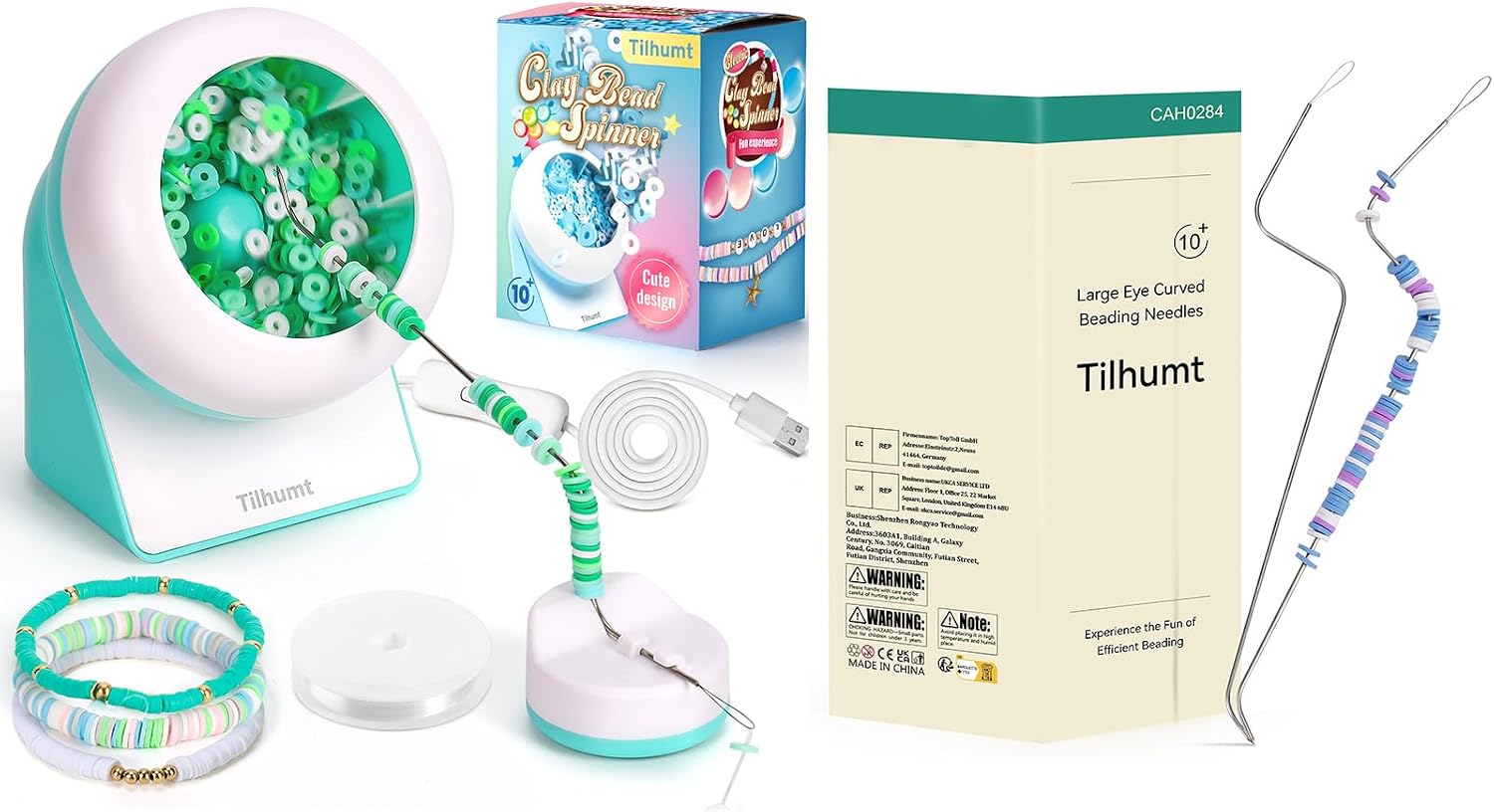 Tilhumt Clay Bead Spinner with Replacement Needle, Electric Bead Spinner for Jewelry Making, Automatic Clay Beads Bowl with Big Eye Needle and Thread for Bracelets Making, Necklace(Patented)