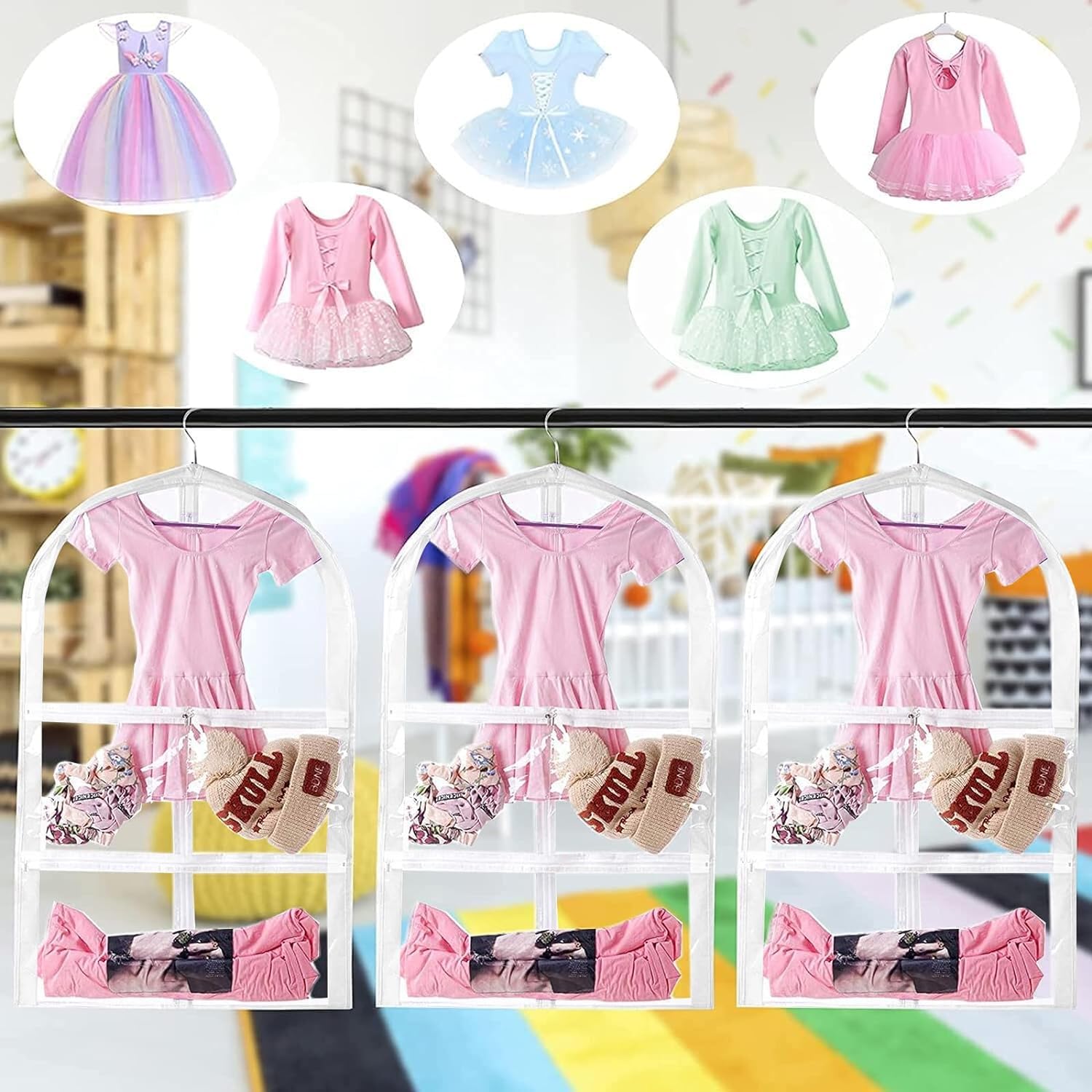 Bambini Borsa Porta Abiti,con 4 tasche trasparenti custodie per abiti,con cerniera copriabiti,per ballerini,spettacoli,concorsi di bellezza,viaggi,copri abiti da armadio,parapolvere,23x35inch