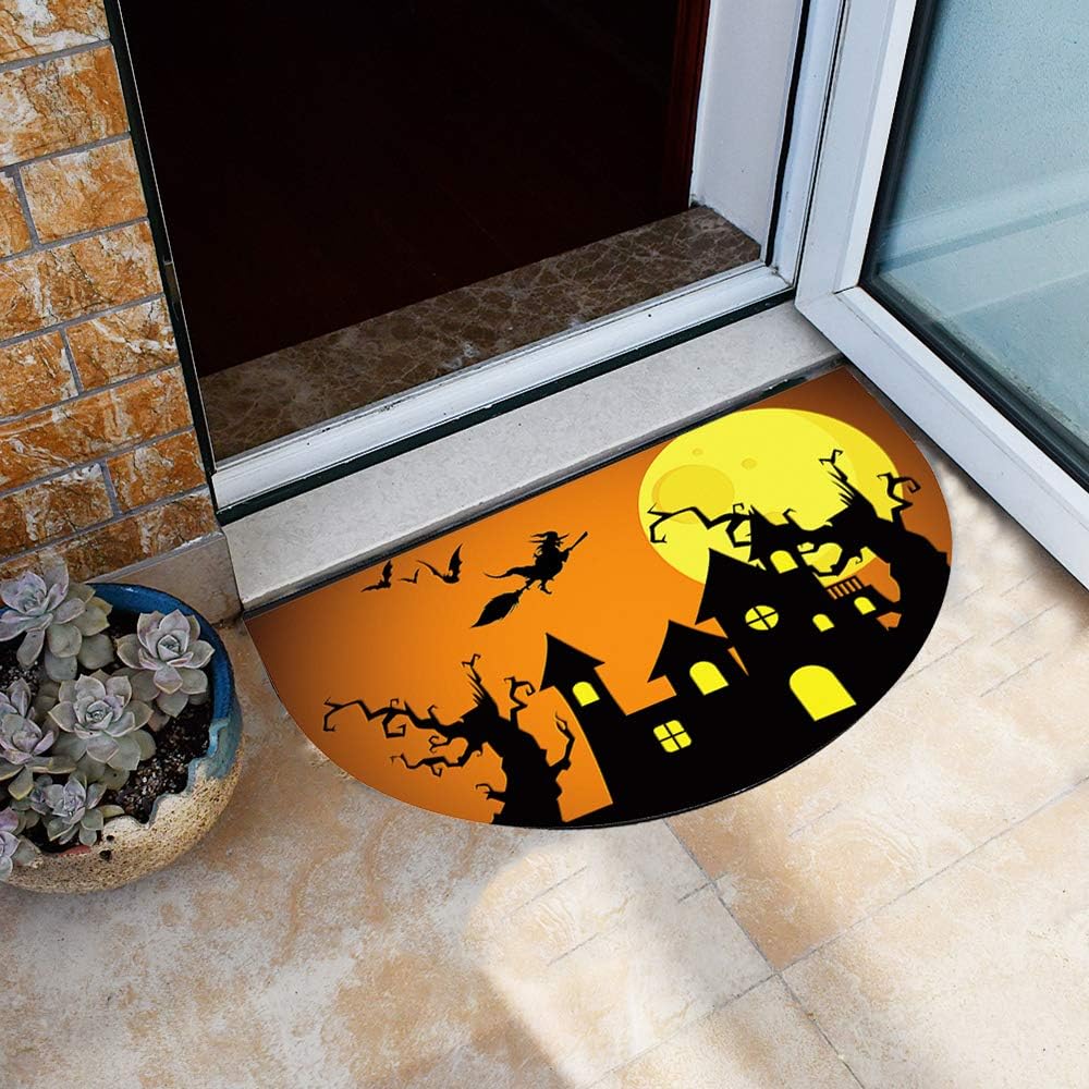 Halloween Door Mat Indoor Entry Way Doormat for Front Door Patio Anti Slip Rubber Entrance Door Mats Half Round Holiday Decor (Style C)