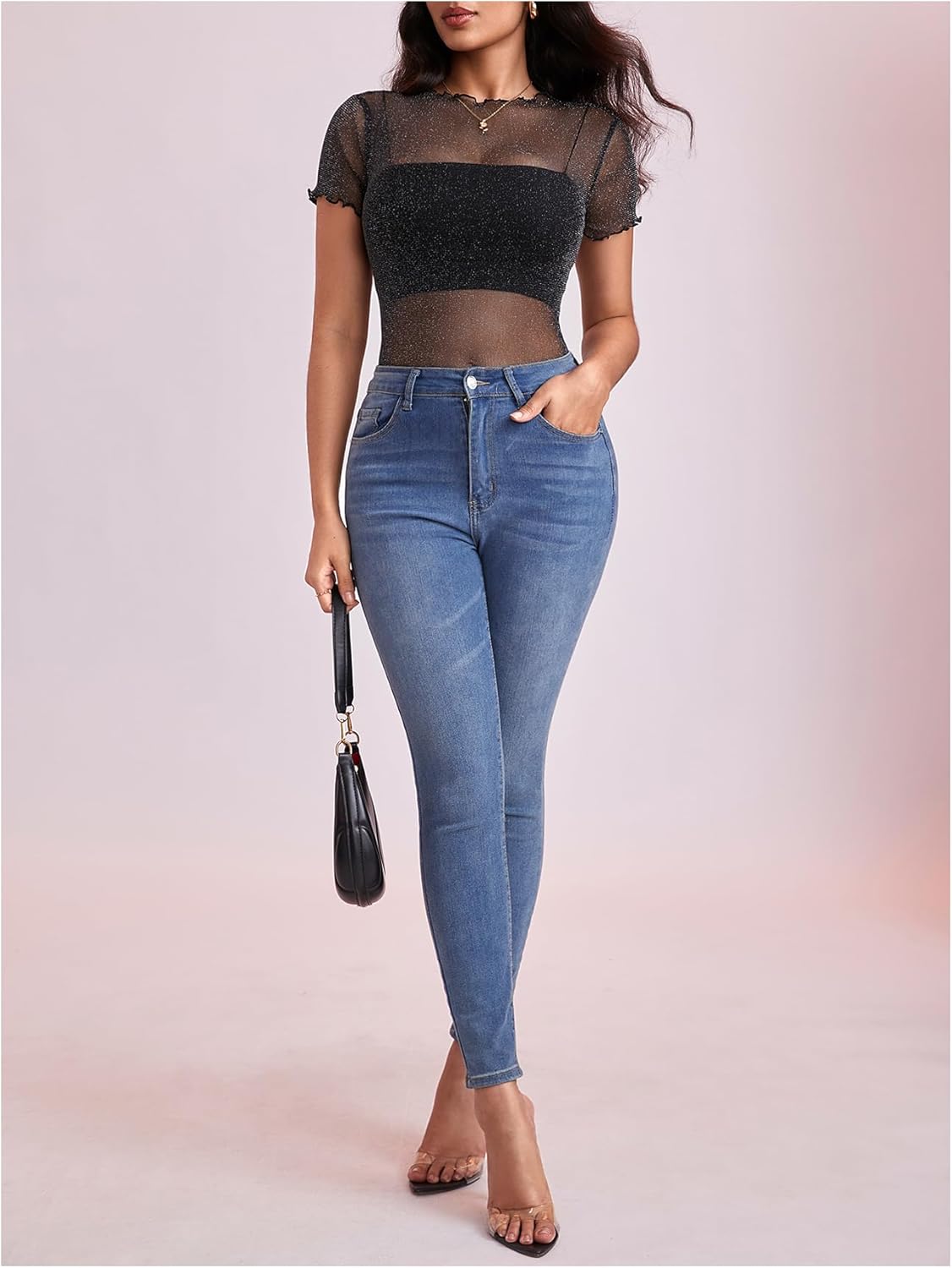 MakeMeChic Women's Mesh Sheer Sparkly Tops Mock Neck Lettuce Trim Short Sleeve Tee Shirt Top - Image 5