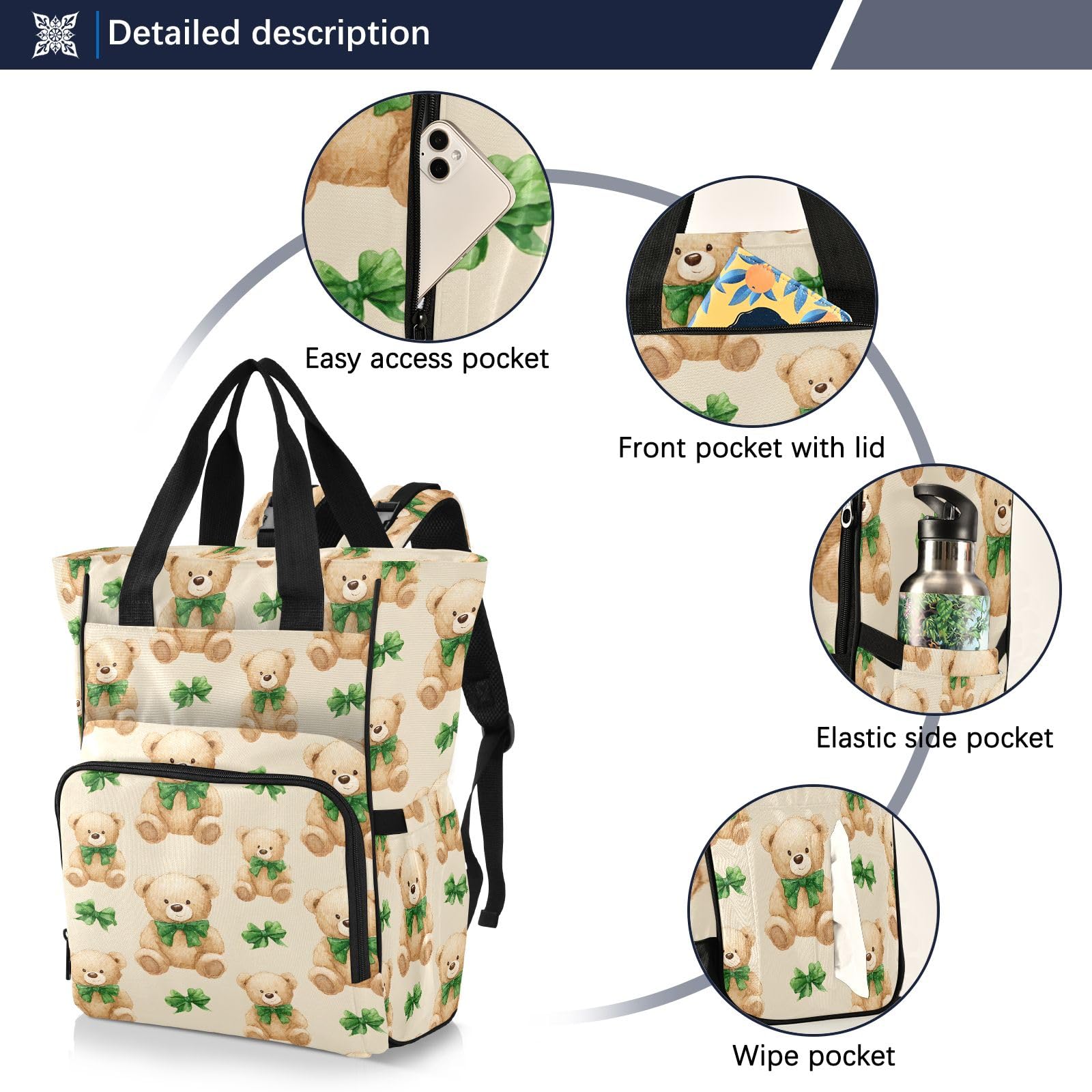 Mnsruu Baby-Wickeltasche mit Schleife, Teddybär-Muster, große Tasche, wasserdicht, Reise-Wickeltaschen für Mütter und Väter