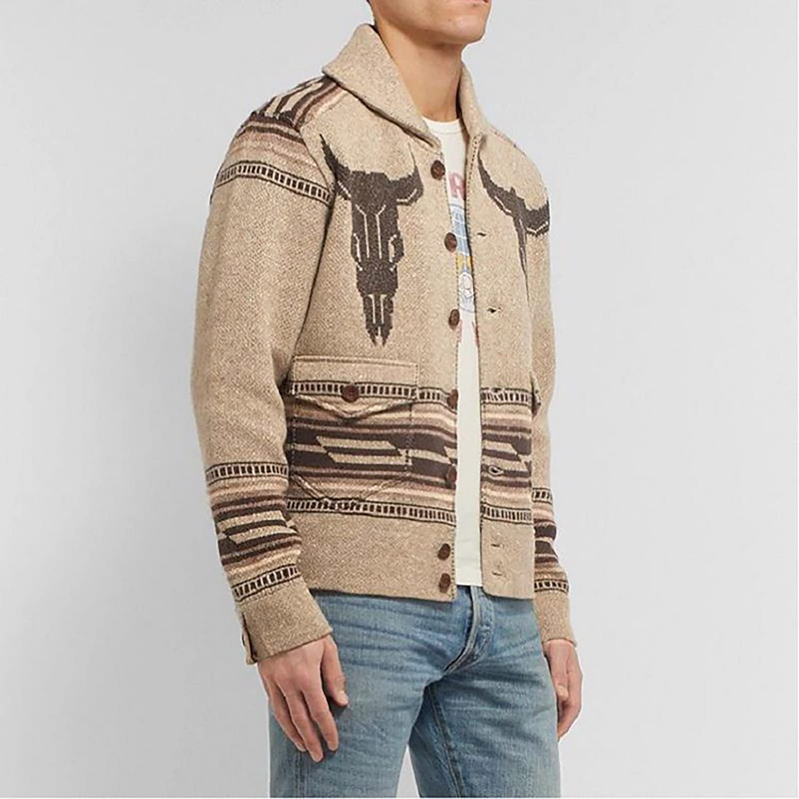 Suéter de punto para hombre, mezcla de lana de cachemira, botones de solapa, botón completo, cárdigan de punto de manga larga, suéter de punto con solapa, chaqueta de punto, abrigo de otoño, L