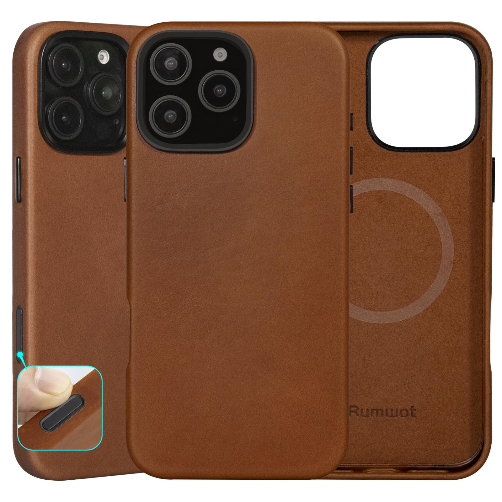 Rumwot Unique Patina Leather Case for iPhone 16 Pro Max with Camera Control Button Red Brown, Oil Wax Leather, Compatible with MagSafe, Slim Fit,