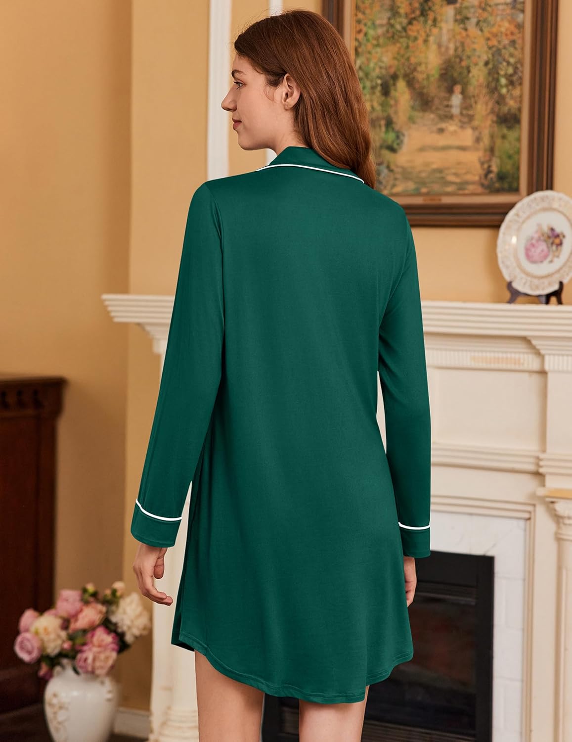 Ekouaer Nightgowns for Women Long Sleeve Nightshirt Button Down Sleepshirt Nightdress Boyfriend Sleepwear S-XXXL - Image 4