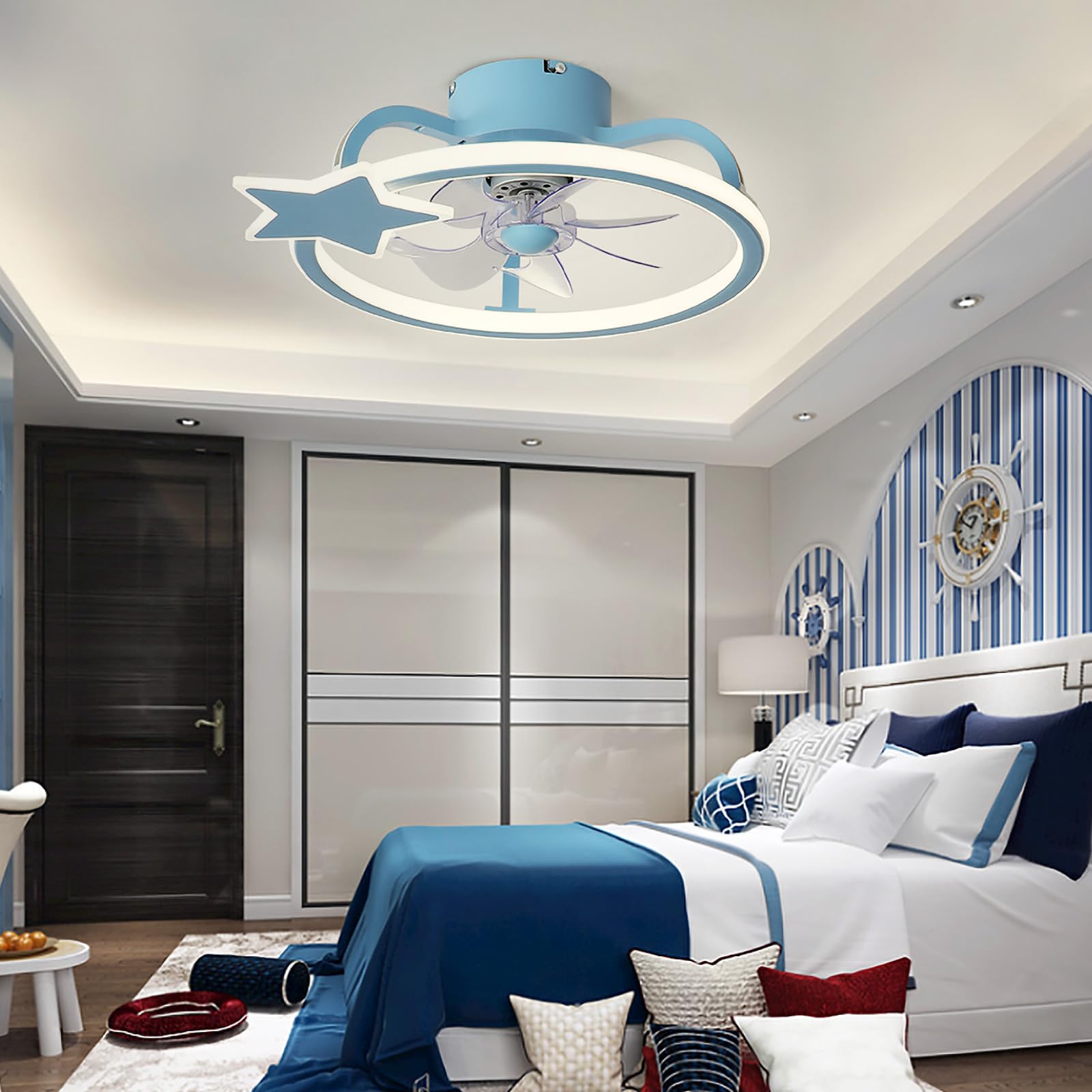 Ventilador De Techo niño Con Luz Y Mando Moderno Silencioso Lampara Ventilador Techo LED Regulable Verano Invierno Función 6 Velocidades Reversible Lámpara De Ventilador Para Dormitorio,Azul