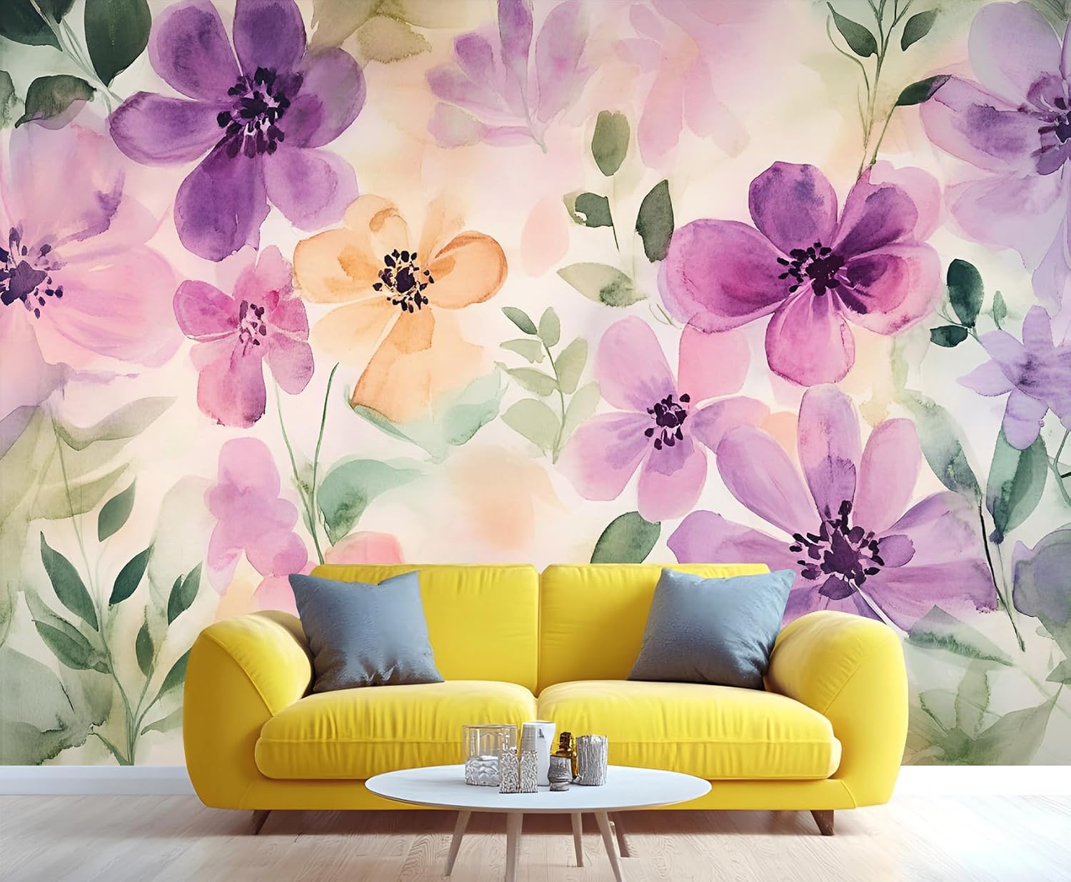 Floral Wall Murals, Watercolor Flower Wallpaper, Nordic Flower Wallpaper for Bedroom Living Room, 3D Printed Background Wall Decor (Not Peel and Stick)
