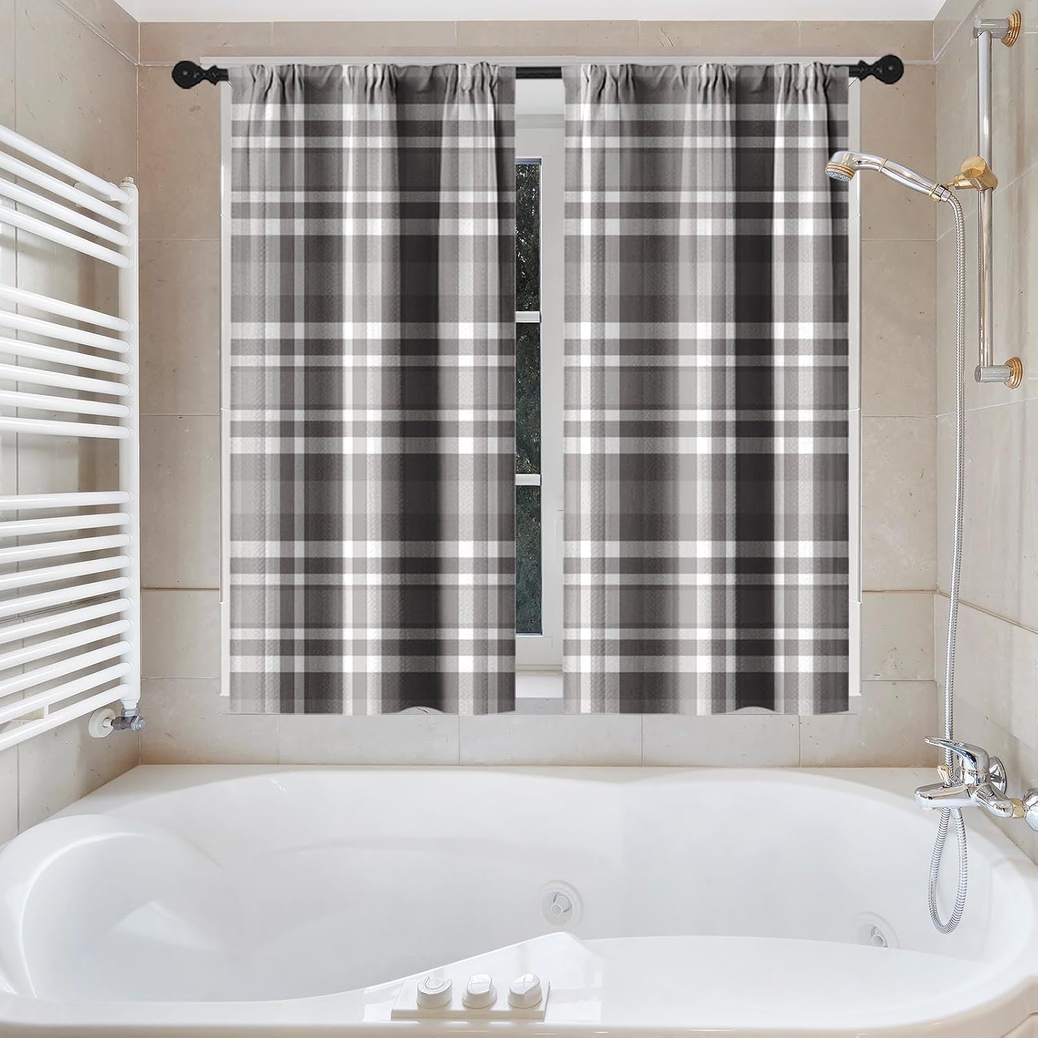 Grid Gray White Plaid Shower Curtain Set, Geometric Farmhouse Bathroom Window Waterproof Waffle Textured Cloth Shower Curtains for Bathroom Decor