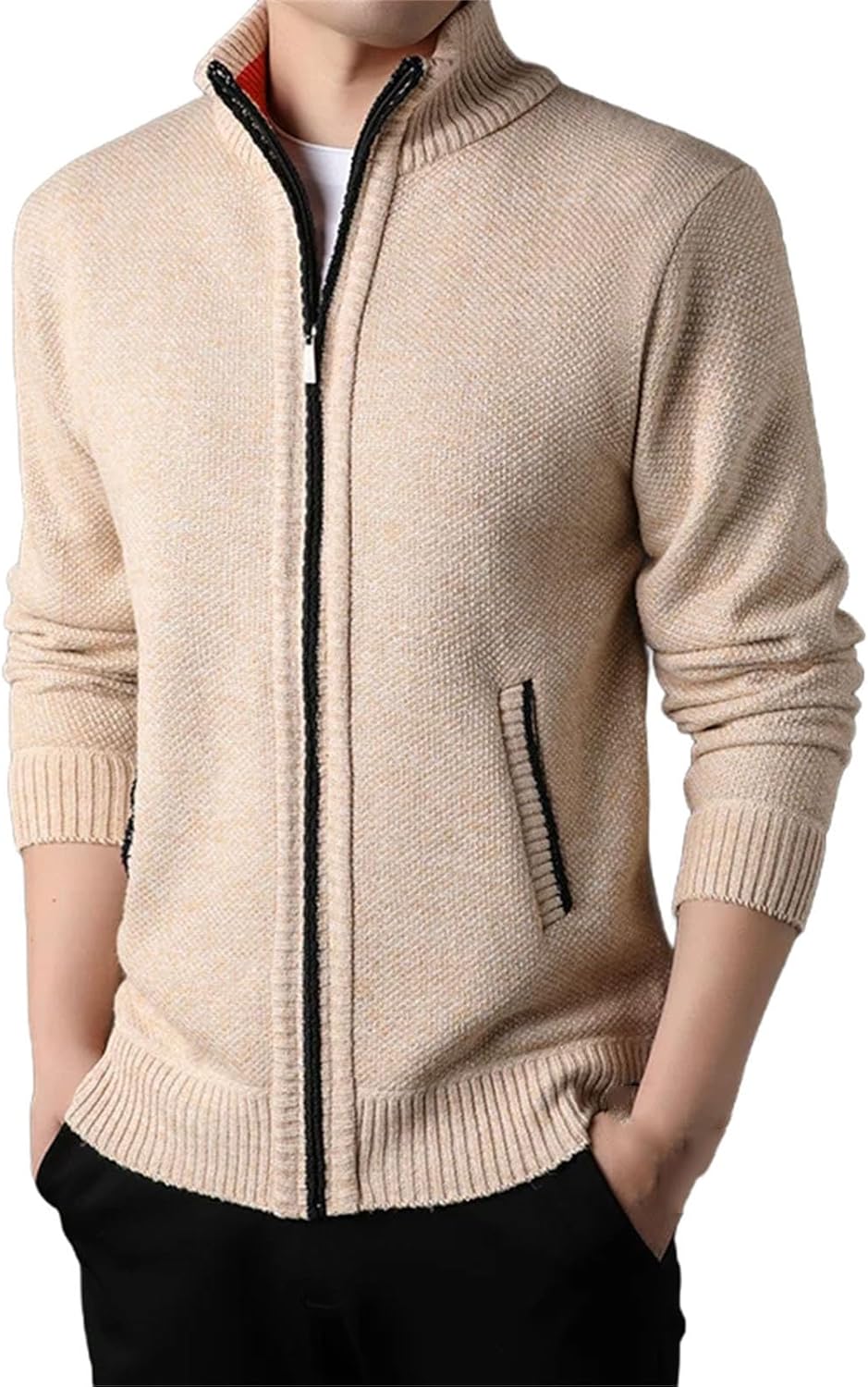 Men's Stand-up Collar Knit Sweater Cardigan Tops Slim Solid Color Sweatercoat Sweater