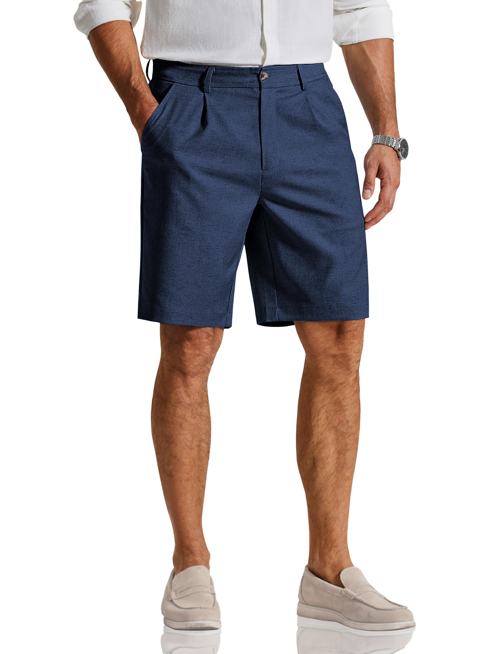 COOFANDY Men's Casual Shorts Pleated Front 9" Linen Textured Dress Shorts