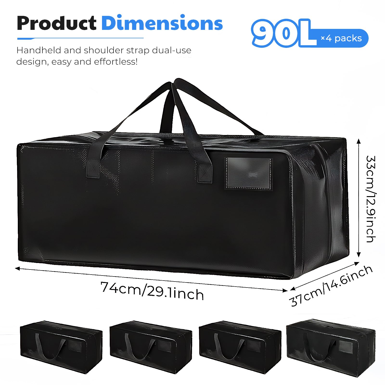 Sac Demenagement Grand Format, 90L Sac de Déménagement avec Sangles de Sac à Dos et Poignées, Robustes Imperméable Pliable, Sac Rangement pour Vêtements, Linge de Lit (Noir, Lot de 4)