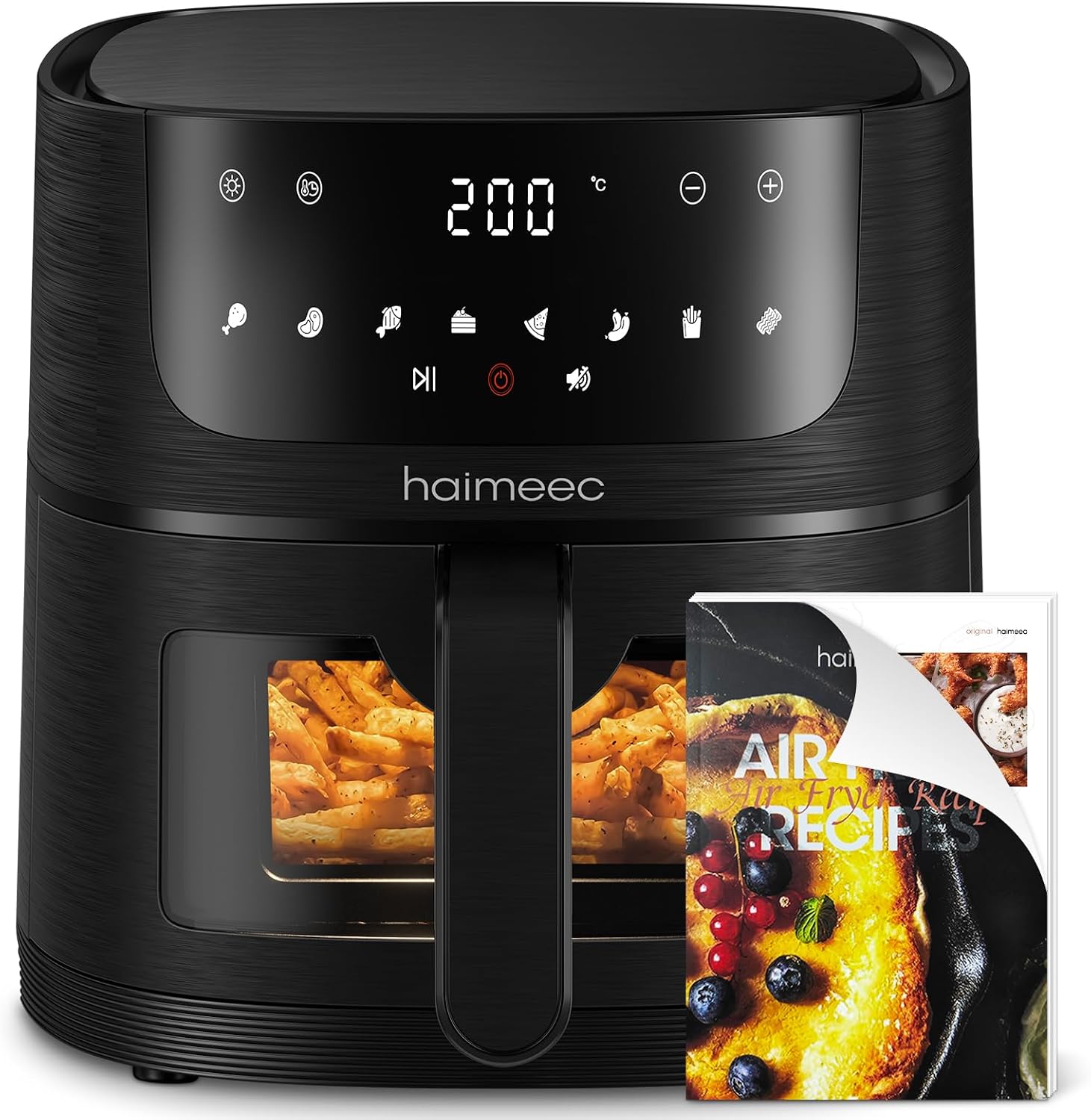 Airfryer 6L Hot Air Fryer with Viewing Window Oil Free Fryer with Shake Reminder Non-Stick Coating 30-200 C 78 Recipes 8-in-1 Cooking Settings Quiet Hot Air Fryer <60 dB