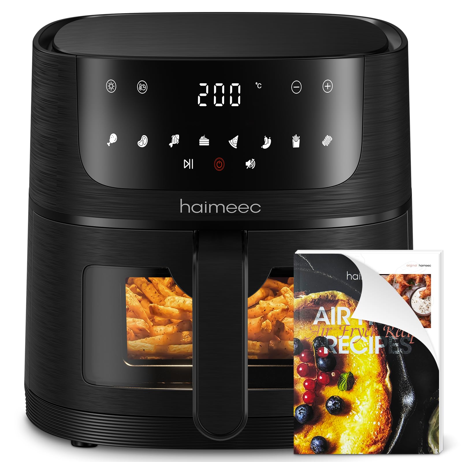 Freidora de aire 6 Litros, Air Fryer 8 en 1, Ventana Transparente, Pantalla Táctil Digital, 70% Menos Energía, Menos Acei, 30-200°C, con 78 Recetas, Cajón Individual