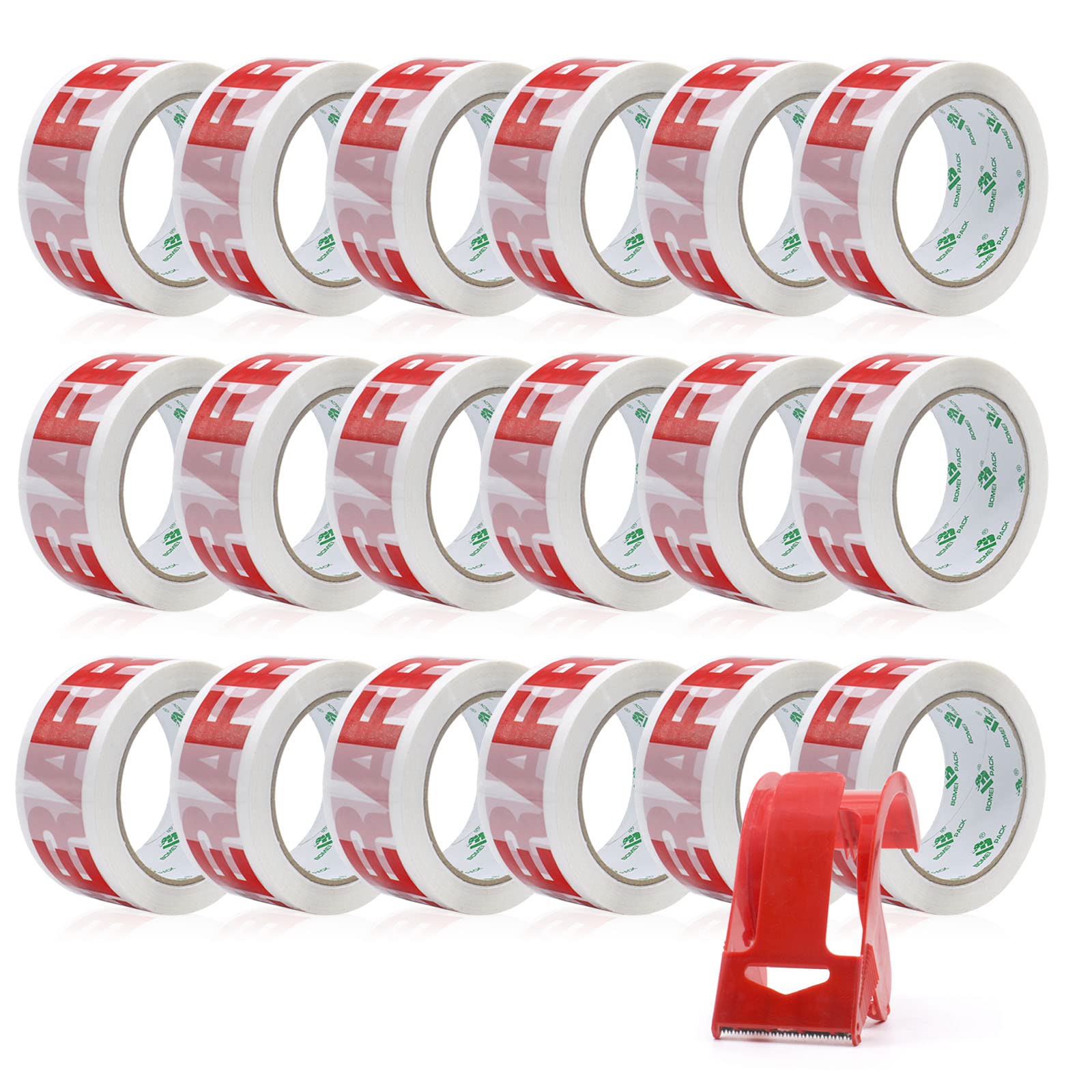 BOMEI PACK Nastro adesivo da imballaggio stampato fragile, nastro adesivo da imballaggio con dispenser per pacchi 48 mm x 66 m, 18 rotoli