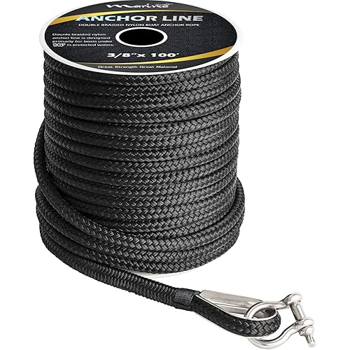 MARINE SYSTEM Made 3/8 Inch 100 FT 150 FT Black Grey Nylon Anchor Line Double Braided Anchor Rope/Line with Thimble (3/8" x 100' Black Nylon)