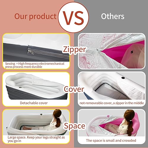 Miniatura 4 de Bañera inflable para adultos de 66 pulgadas, extra grande, portátil, de terapia, con cubierta de cremallera, bañera independiente, baño familiar,
