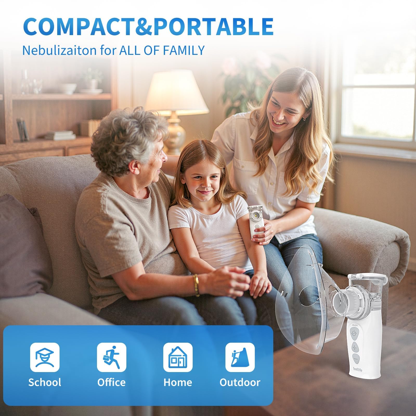 FEELLIFE Aerosol Portatile Silenzioso Typc-C Ricaricabile, Aerosol per Adulti e Bambini Velocità di Nebulizzazione Regolabile Meno Residui, Aerosol per Alleviare Tosse, Rinite e Sintomi Respiratori