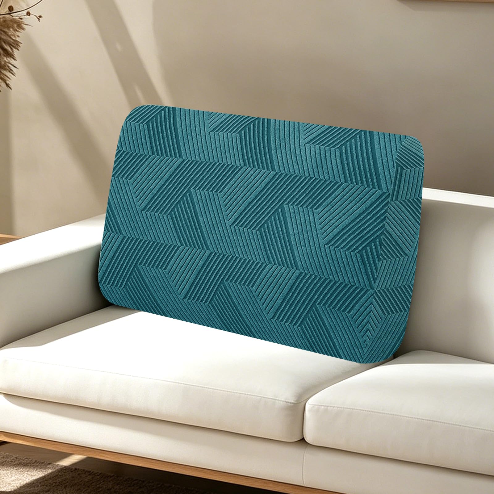 XINEAGE Sofa Seat Cushion Cover, Geometrical Jacquard Couch Cushion Slipcovers Stretch, Replacement for Individual Cushion with Elastic Bottom & Non-Slip Strap (Backrest Cover, Peacock Blue)
