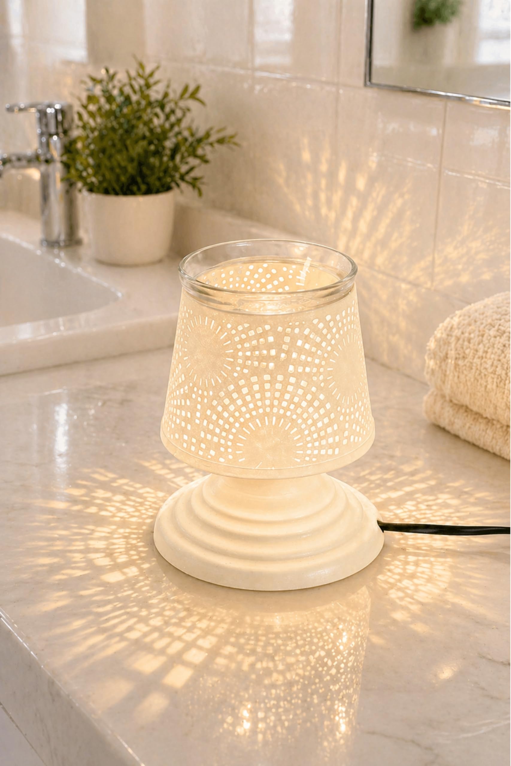 Electric Aroma Diffuser with 10 ml Essential Oil | Ivory Pedestal Cutwork Plug-in Fragrance Lamp for Home, Bedroom, Office & Pooja | Decorative Air Freshener-image-5