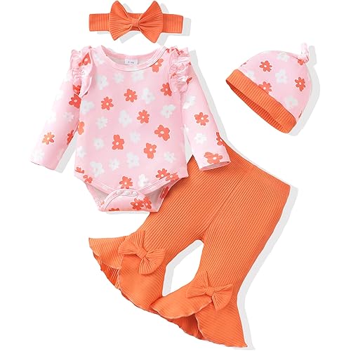 Newborn Baby Girl Clothes Infant Outfits Clothing Ruffle Romper Bell Bottoms Flared Pants Outfit Sets for Baby Girls