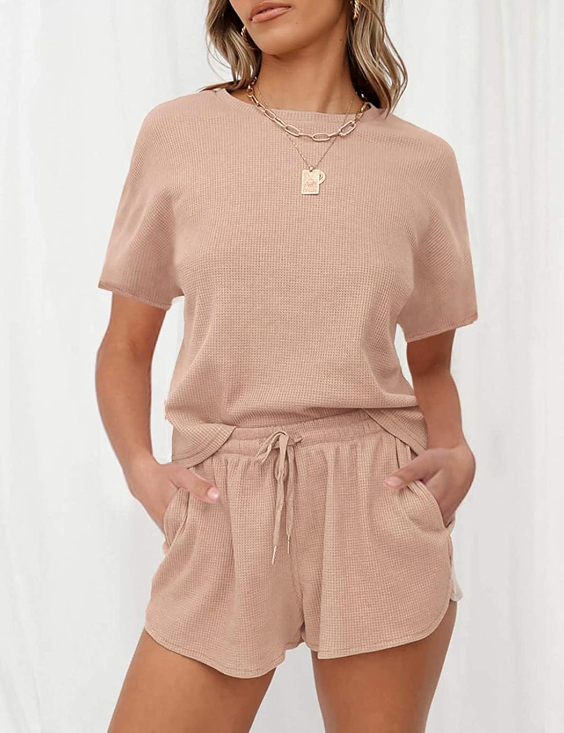 MEROKEETY Women's Short Sleeve Waffle Pajama Sets Lounge Top and Shorts 2 Piece Tracksuit Outfits - Image 2