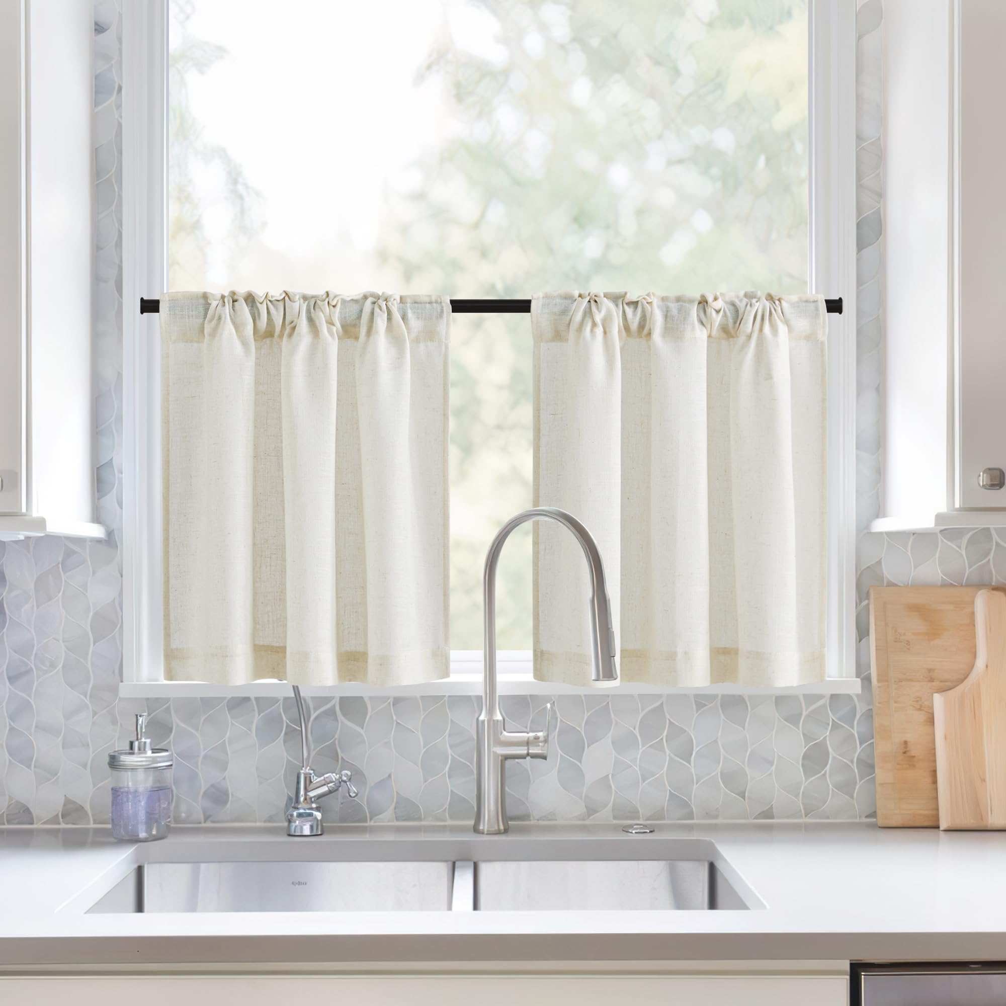 NIETOWN Flax Linen Kitchen Curtains for Farmhouse Home Decor, 2 Panels Rod Pocket Back Tab Light Filtering Sheer Curtain Tiers for Living Room Bedroom