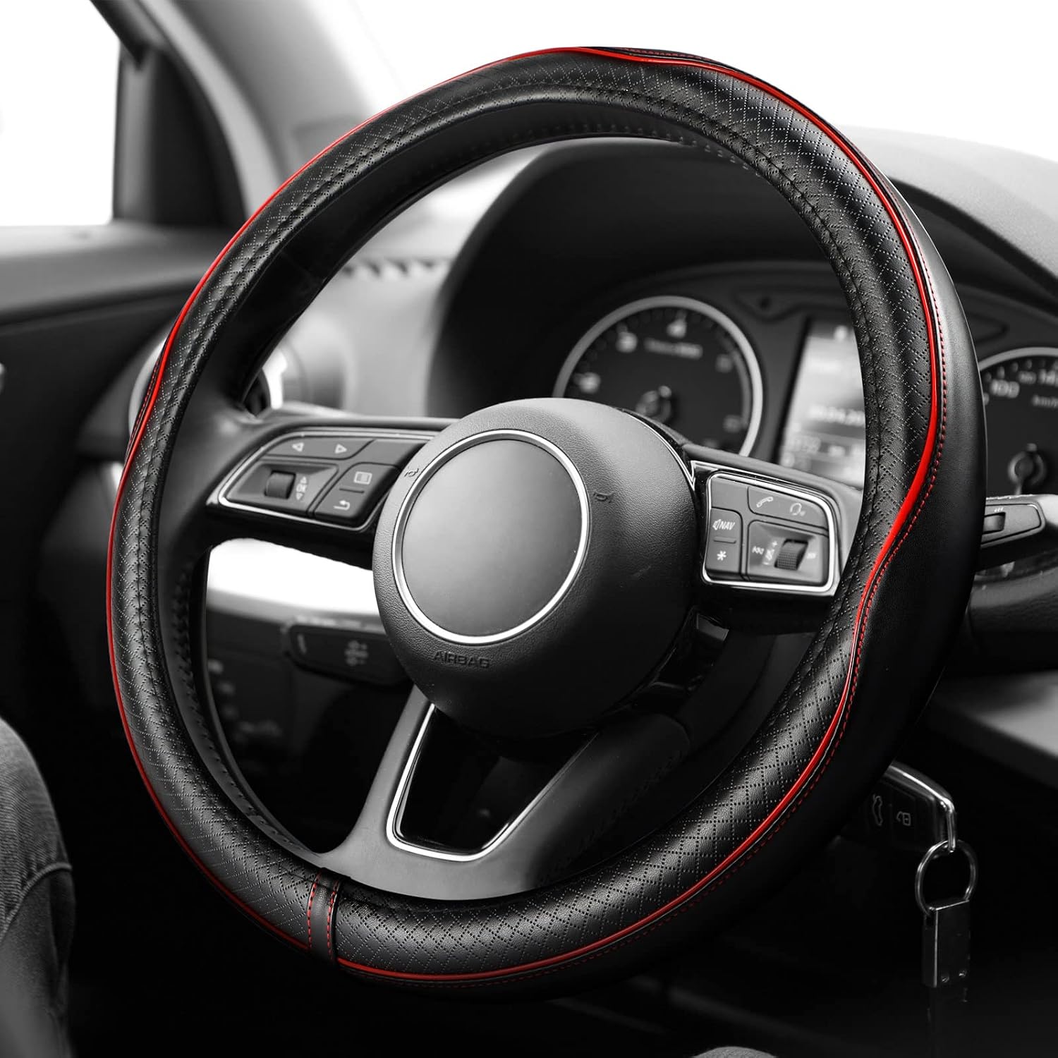 K KNODEL Universal Fit Steering Wheel Cover, Microfiber Leather Car Steering Wheel Cover, Anti-Slip Car Wheel Protector, 15 Inch (Red)