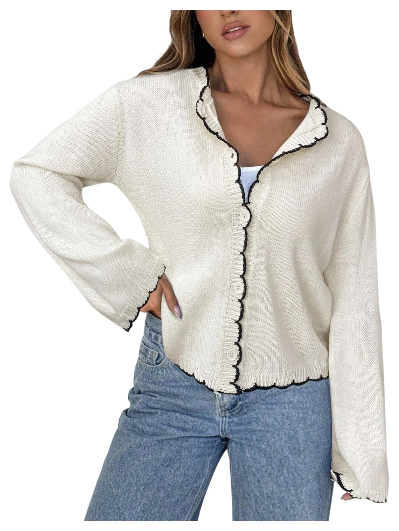 Verdusa Womens Button Down Lightweight Cardigan Fall Sweaters Elegant Formal Wave Edge Knit Outerwear