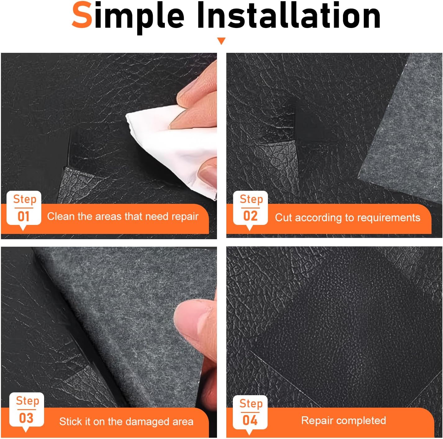 2 PCS Leather Repair Patch, 8 × 4 Inch Self-Adhesive Car Seat Repair Tape, Waterproof Leather Repair Kit, Universal for Car Seats, Couch, Sofas, Handbags, Jackets, Furniture (Black)