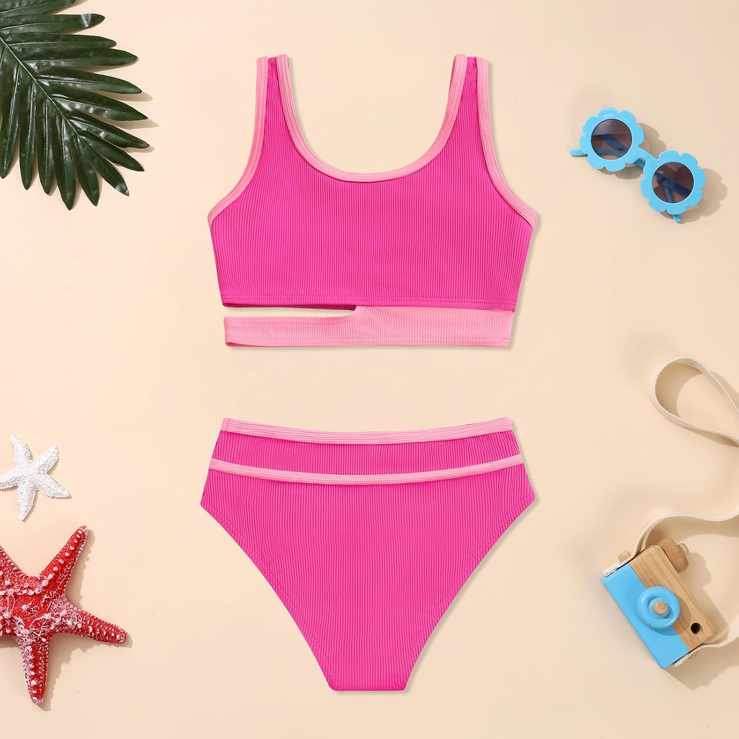 Girls 2 Piece Swimsuit Double Strap High Waist Sporty Bathing Suit Color Block Girls Bikinis Set Size 3-10