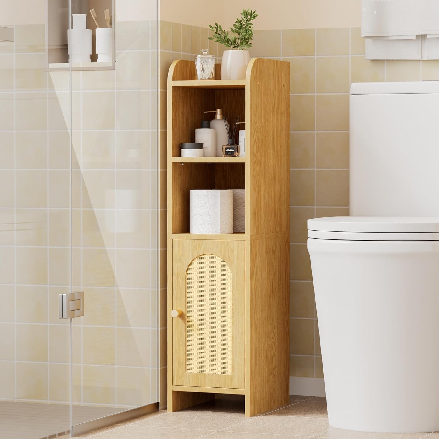Homhedy Rattan Small Bathroom Cabinet with Door, Narrow Toilet Paper Storage Cabinet, Skinny Corner Floor Cabinet with Adjustable Shelves, for Bathroom, Small Spaces, 9.8" D x 7.9" W x 31" H, Natural
