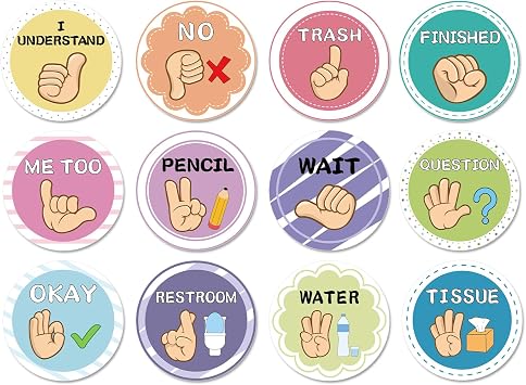12 Pcs Classroom Sign Language Posters,Sign Language Flash Cards Cutouts,Classroom Management Tools for School Learning Bulletin Board Decor Colorful