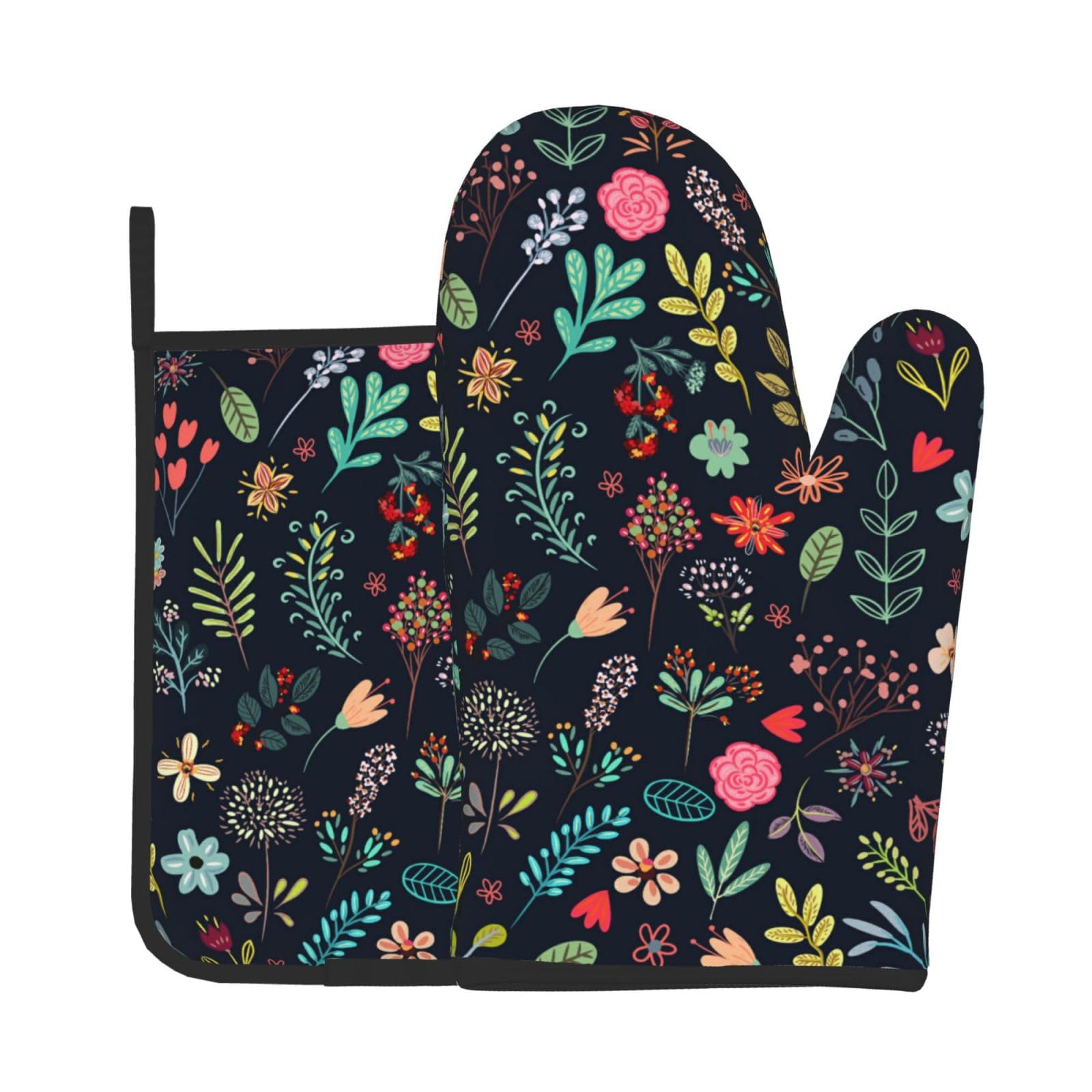 Colorful Flowers Oven Mitts and Pot Holders Sets Wildflowers Oven Gloves Heat Resistant Vintage Floral Leaves Kitchen Mitts Black Hot Pads Two Piece Set for Cooking Baking Grilling BBQ