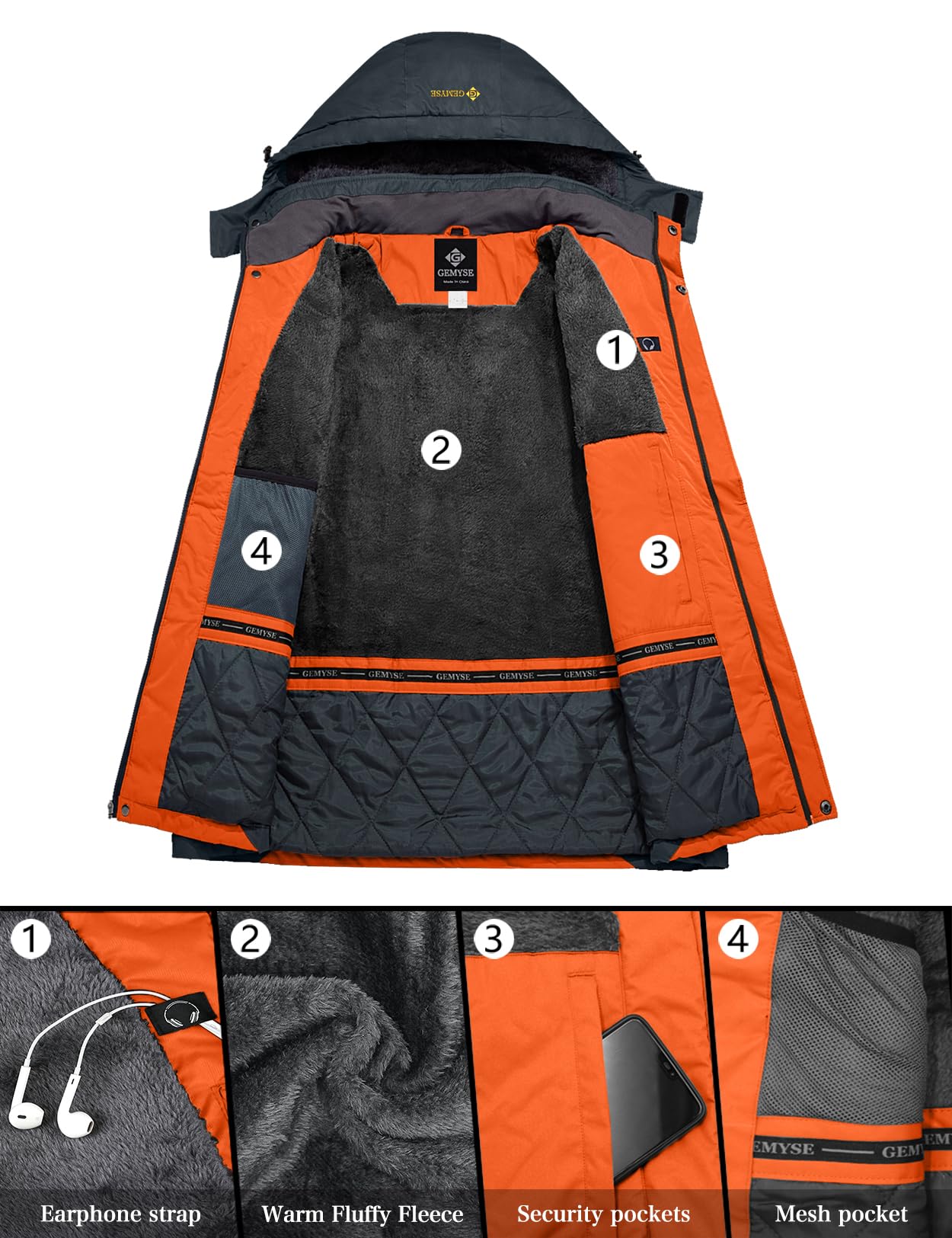 GEMYSE Uomo Giacca da Sci impermeabile montagna Giacche Pile invernale antivento Cappotto con Cappuccio