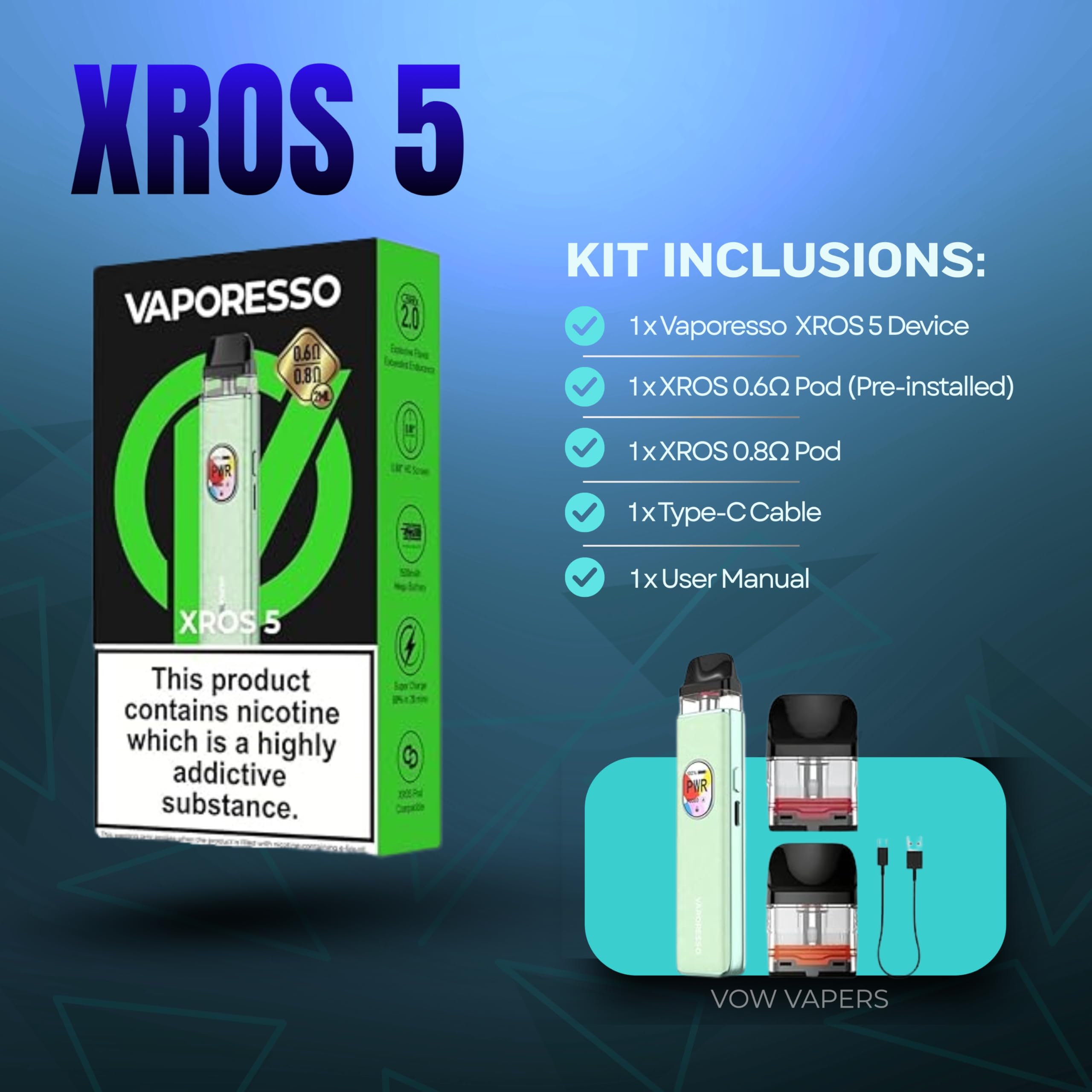 Vaporesso Xros 5 Vape Pod Kit, 1500mAh battery, 30w, Type-C fast charging,  [10 Colours] 0.88" HD Screen includes two XROS Series Mesh Pods (0.6 &  0.8) (Jade Green): Amazon.co.uk: Electronics & Photo