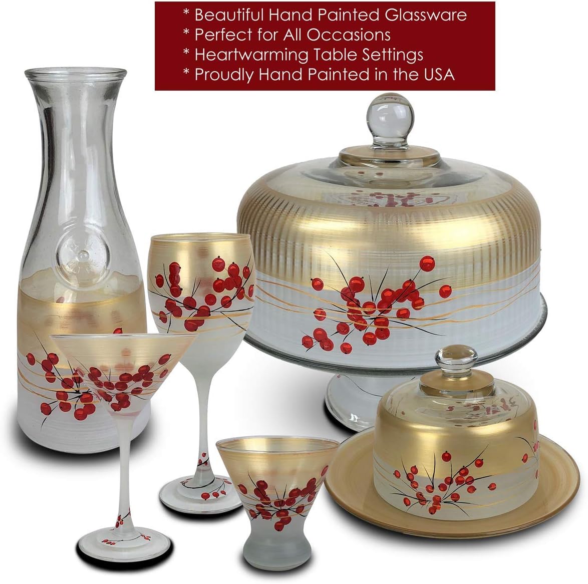 Hand Painted Margarita Glasses Set of 2 - Winter Berries 'n Branches Collection - Hand Painted Glassware by USA Artists - Unique and Decorative Margarita Glasses, Festive Holiday Glassware